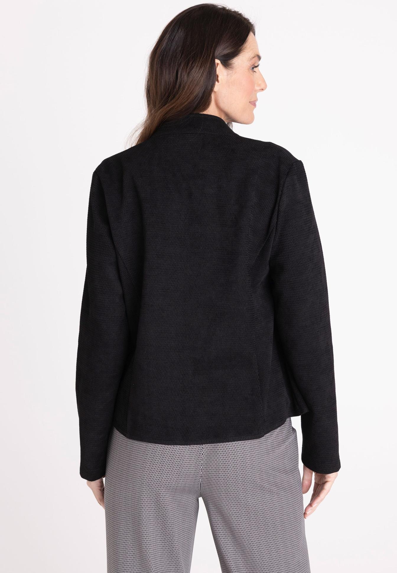 jacke, schwarz, knopflose, weiches material, langarm, jacke, blazer, schwarz, langärmlig, textur, jacke, blazer, schwarz, langarm, weiche-textur, Jacke, Schwarz, lange Ärmel, taillierte Länge, gewebte Textur, jacke, schwarz, langarm, gewebe, rueckseite