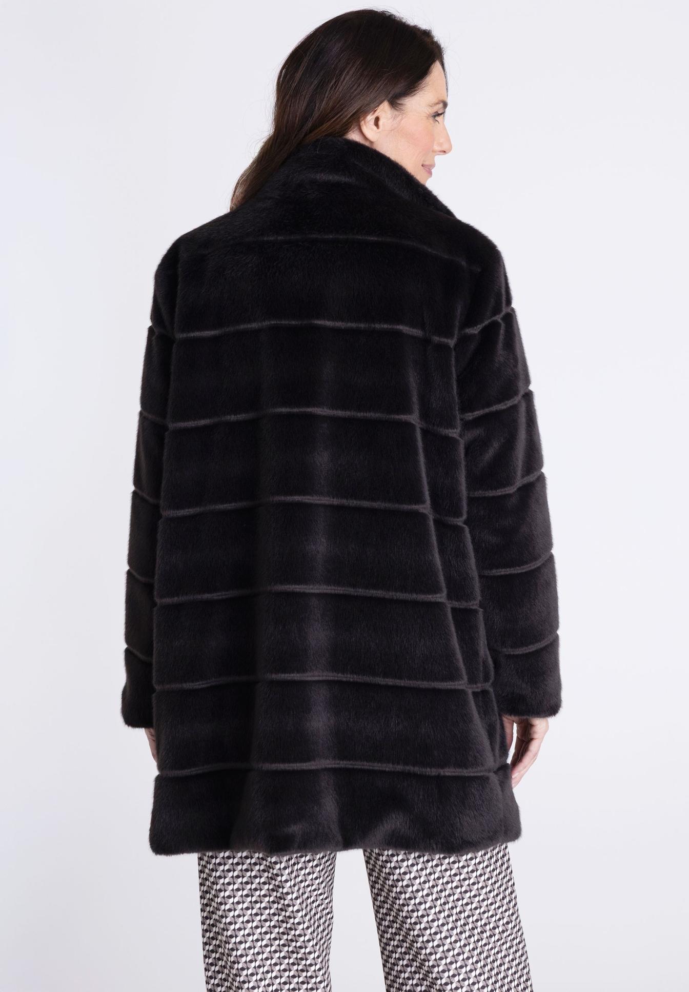 Fellmantel, Schwarz, Faux Fur, Reverskragen, Lagenlook