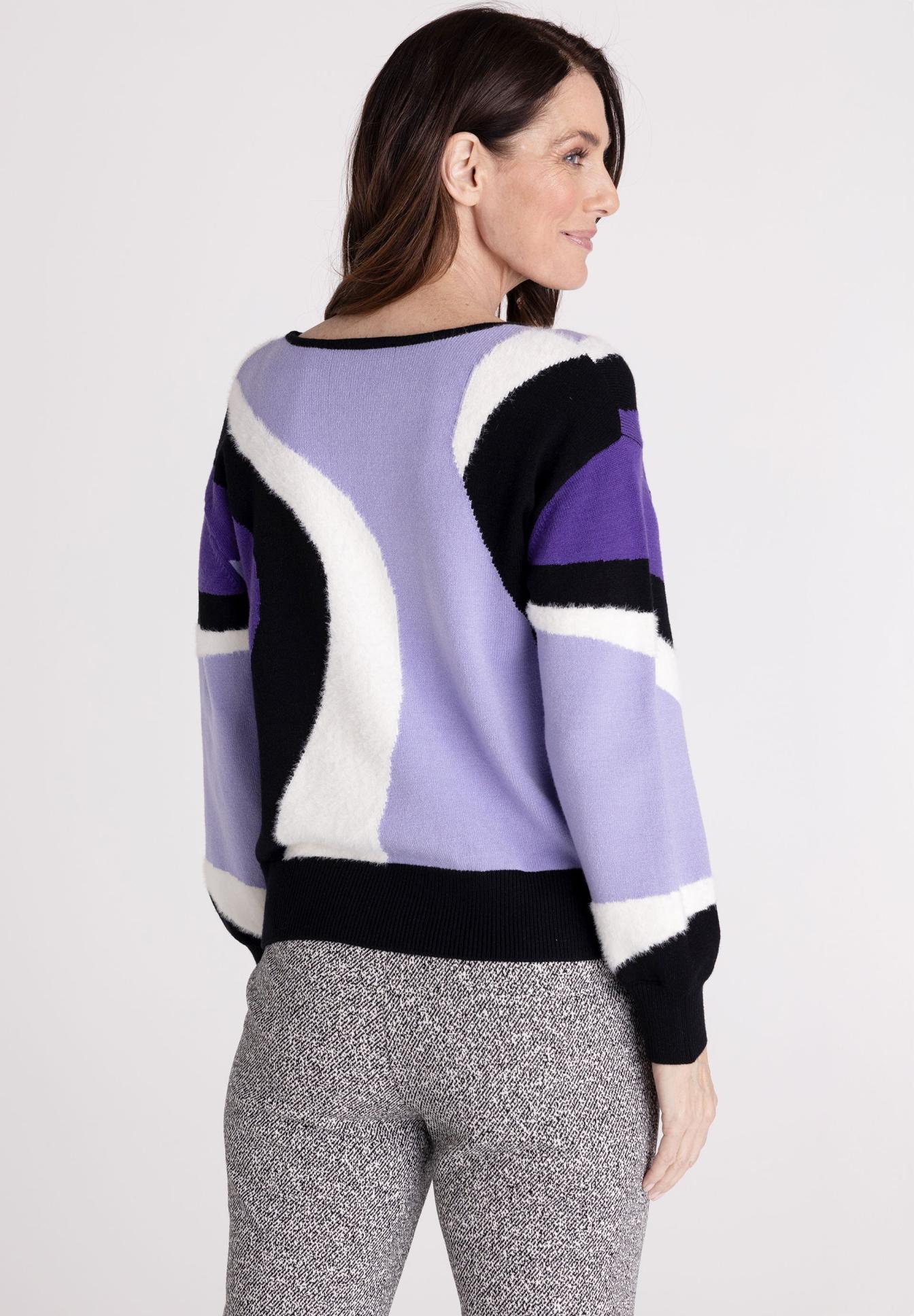 Strickpullover, Mehrfarbig, Längsarm, Kragenlos, Knopflose?, Pullover, Abstract Muster, Kunstfaser, Lavendel, Knopflose Kante