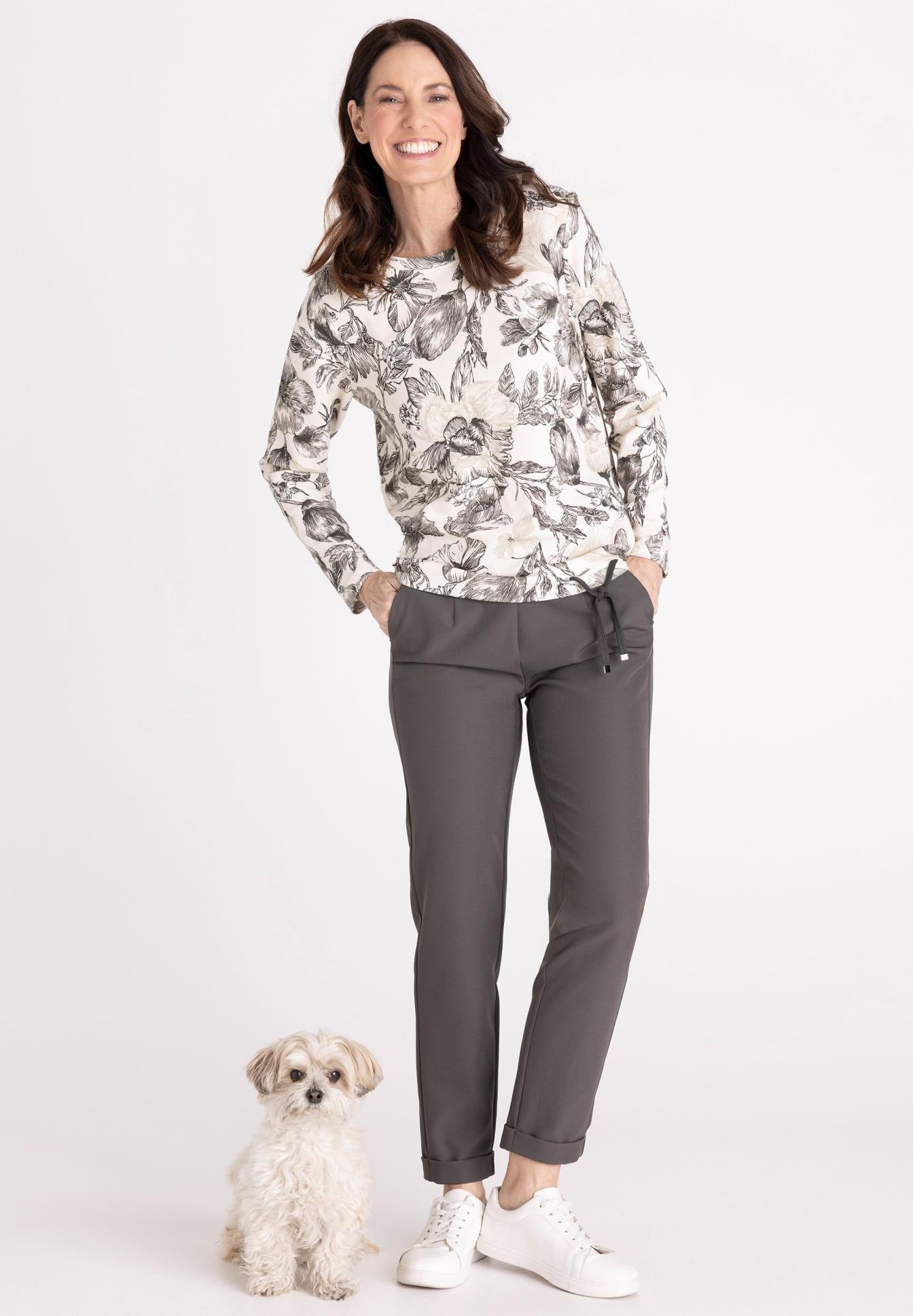 Sweatshirt, Printed top, Floral pattern, Light beige, Long sleeves, Langarmshirt, Blumenmuster, Crêpe-Top, Aktive Freizeit, Hose mit Bindegürtel