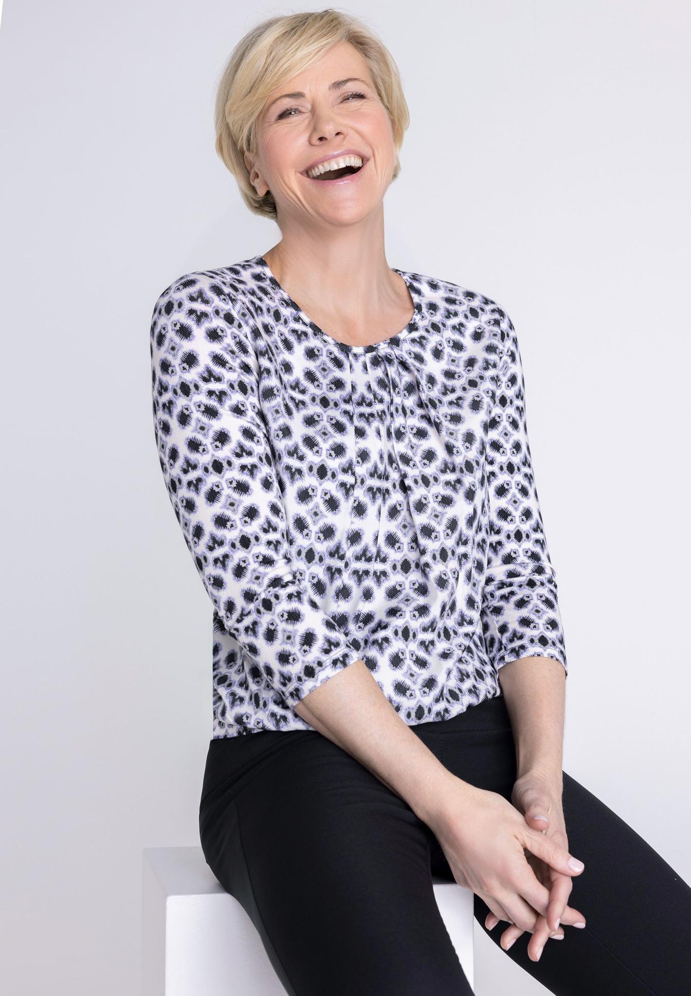 Bluse, Druck, Schwarz-Weiß, Langarm, Kragenlos, Blusentop, Leoparden-Muster, Langarm, Weiß-schwarz, Kleidung