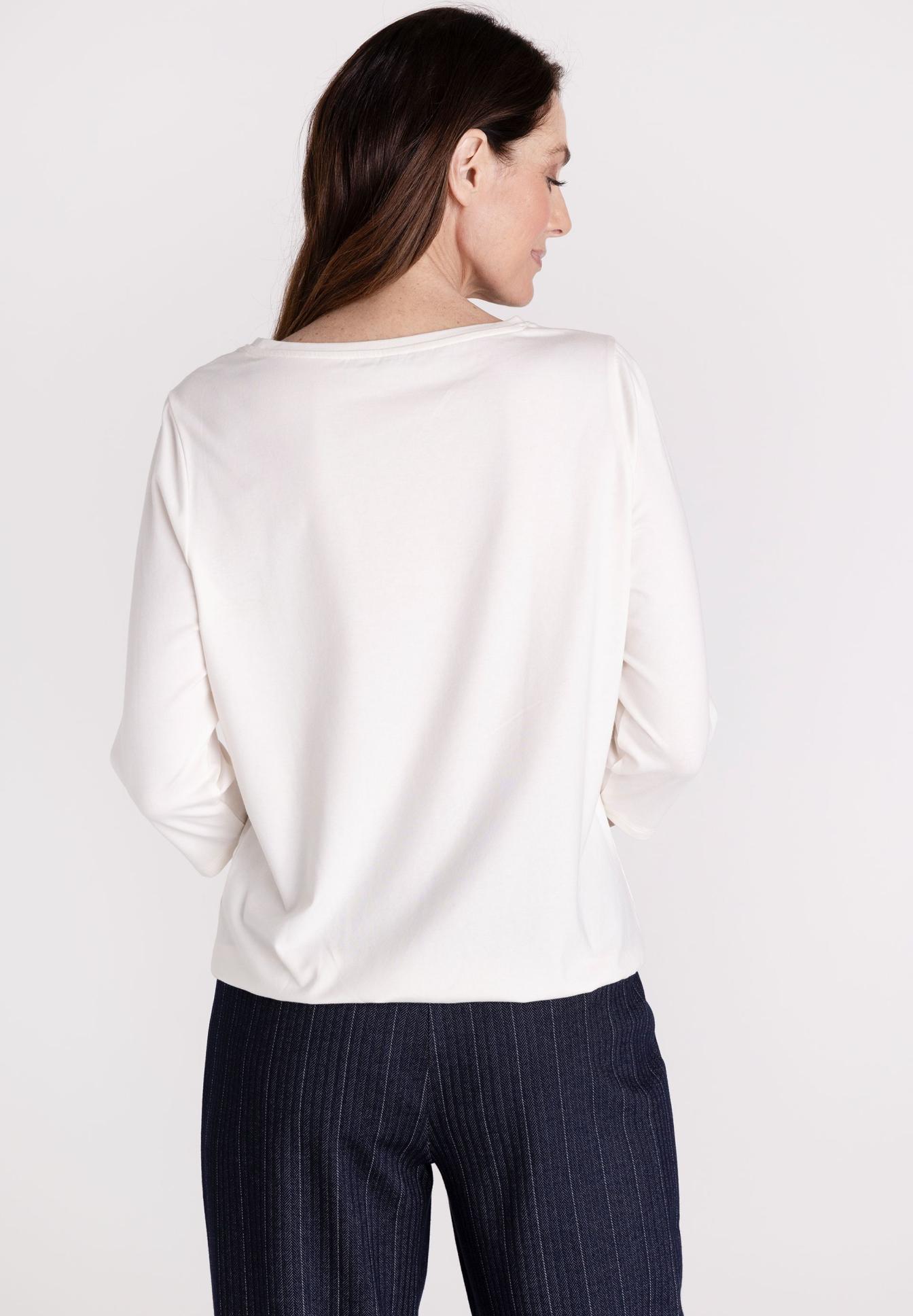 weiße Bluse, Longsleeve, Oberteil, leichtes Material, weite Passform, weisses oberteil, longsleeve, bauschiges top, feminin, knopflosse rücken?, weiße Bluse, Rundhalsausschnitt, lange Ärmel, leichte Stoffstruktur, weiche Baumwoll- oder Viskose-Mischung