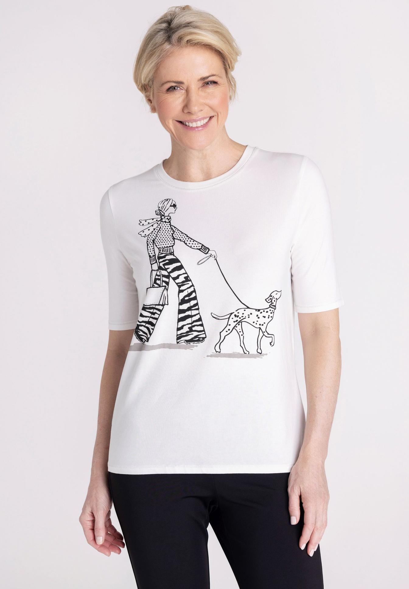 T-Shirt, Leinwand-Druck, Tiermuster, Weiß, Kurzarm, T-Shirt, Weiß, Druck, Hund, Leopardendruck