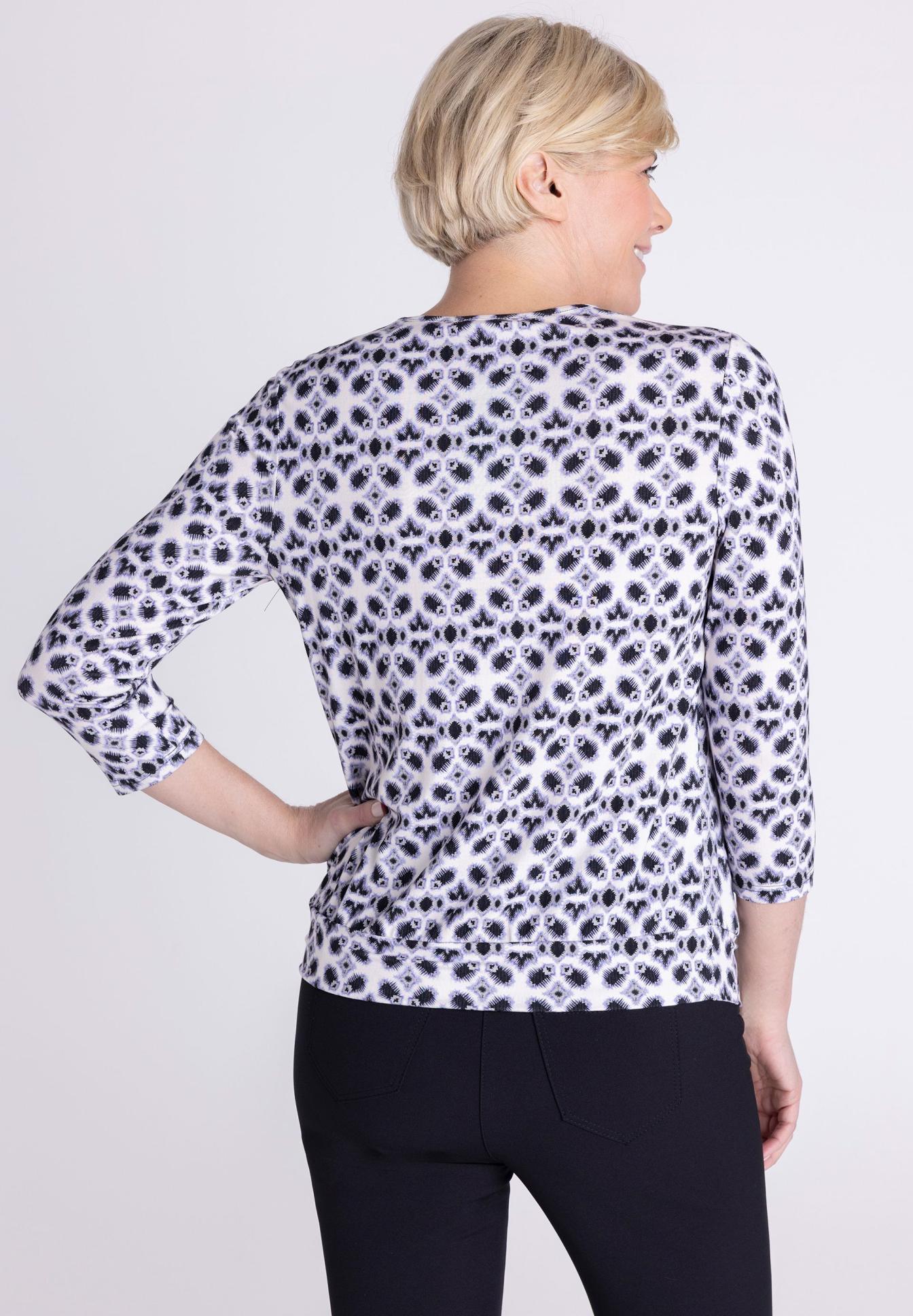 Karo-Top, Rundhals, 3/4-Ärmel, Kunstfaser, Weiß-Schwarz Muster, Kleidung, Bluse, Kariertes Muster, 3/4-Ärmel, Weiß-Schwarz