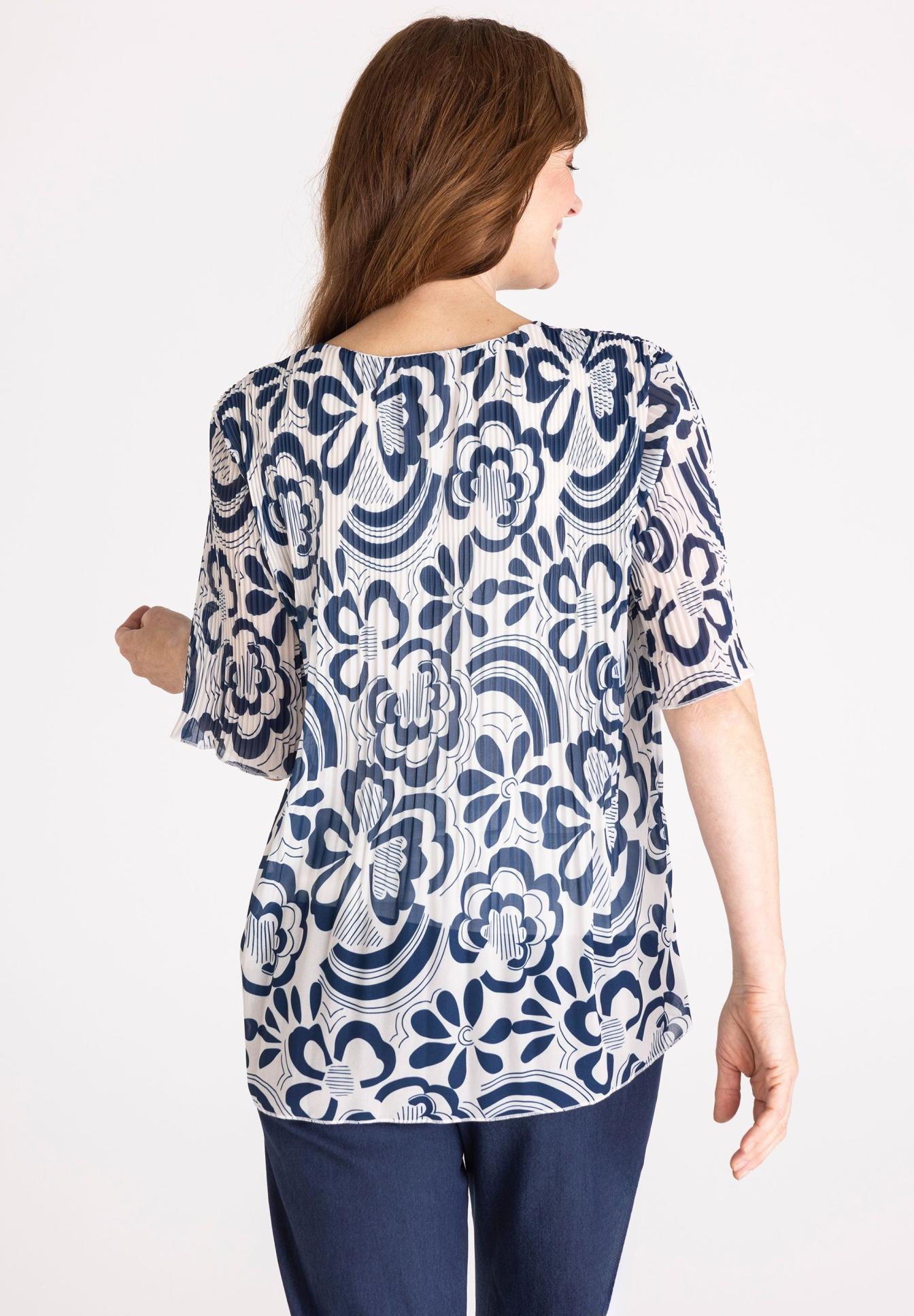 Bluse, Druck, Blumenmotiv, Kurzarm, Weißblau