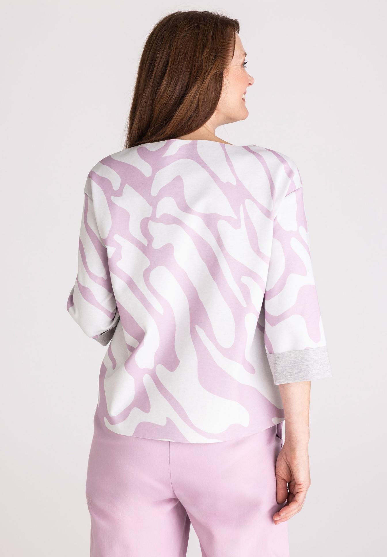 Oversized top, Long sleeve, Purple pattern, Lapelless back, Pastel pink white, Pullover, Nachbildung, Zebra-Muster, Flieder, 3/4-Ärmel, shirt, top, 3/4 sleeve, patterned, pink, Top, Bluse, Rosa Muster, lange Ärmel, Damen