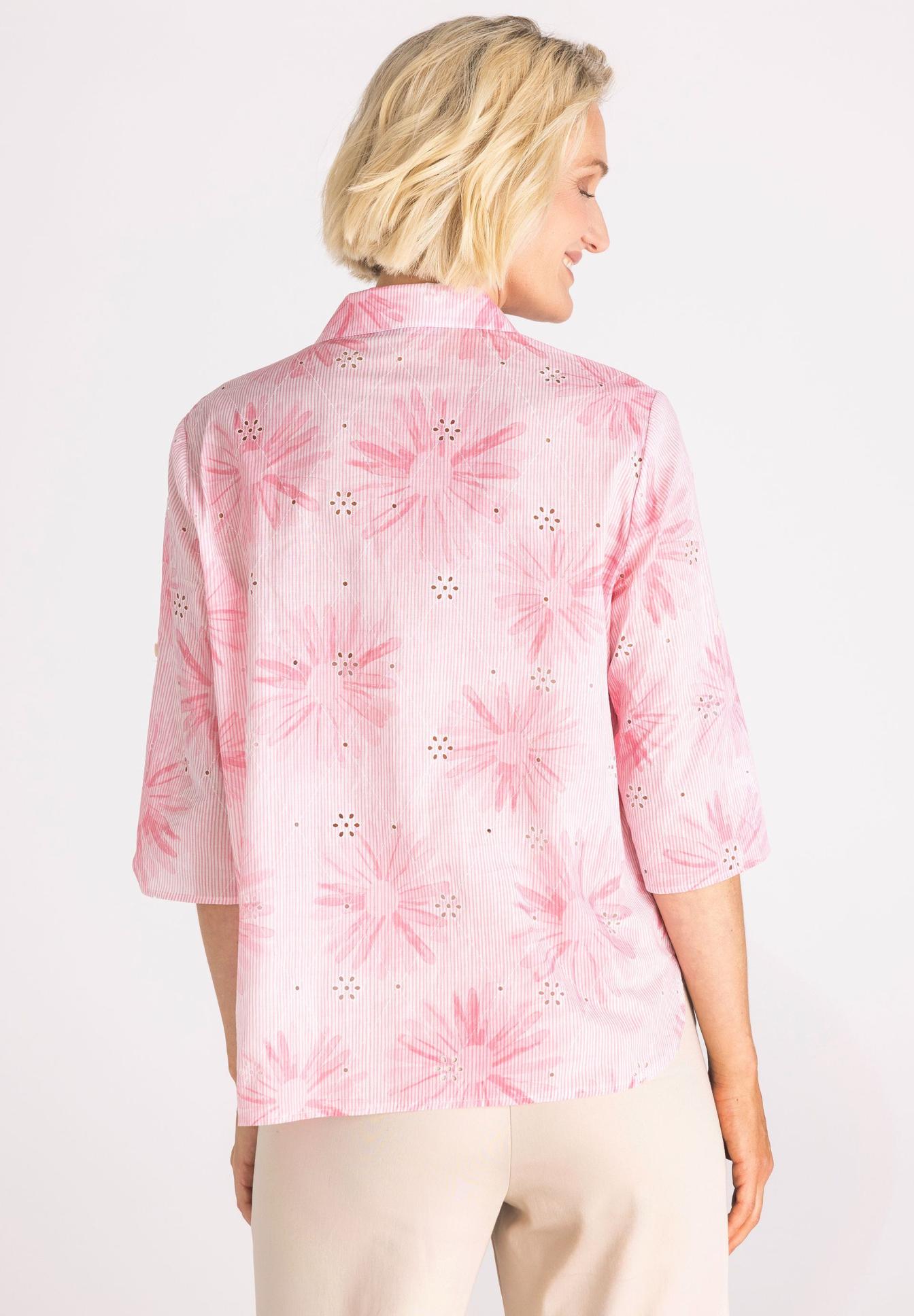 pinkes Hemd, blumendesign, drei-Viertel-Ärmel, Baumwollmischung, hellrosa