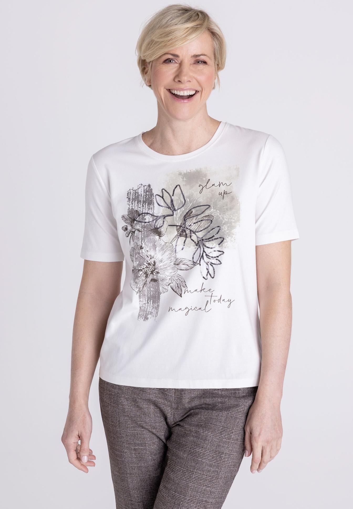 Tee, T-Shirt, Blumenprint,  floral print, weiss, t-shirt, graphic tee, kurzarm, weiß, blumenprint