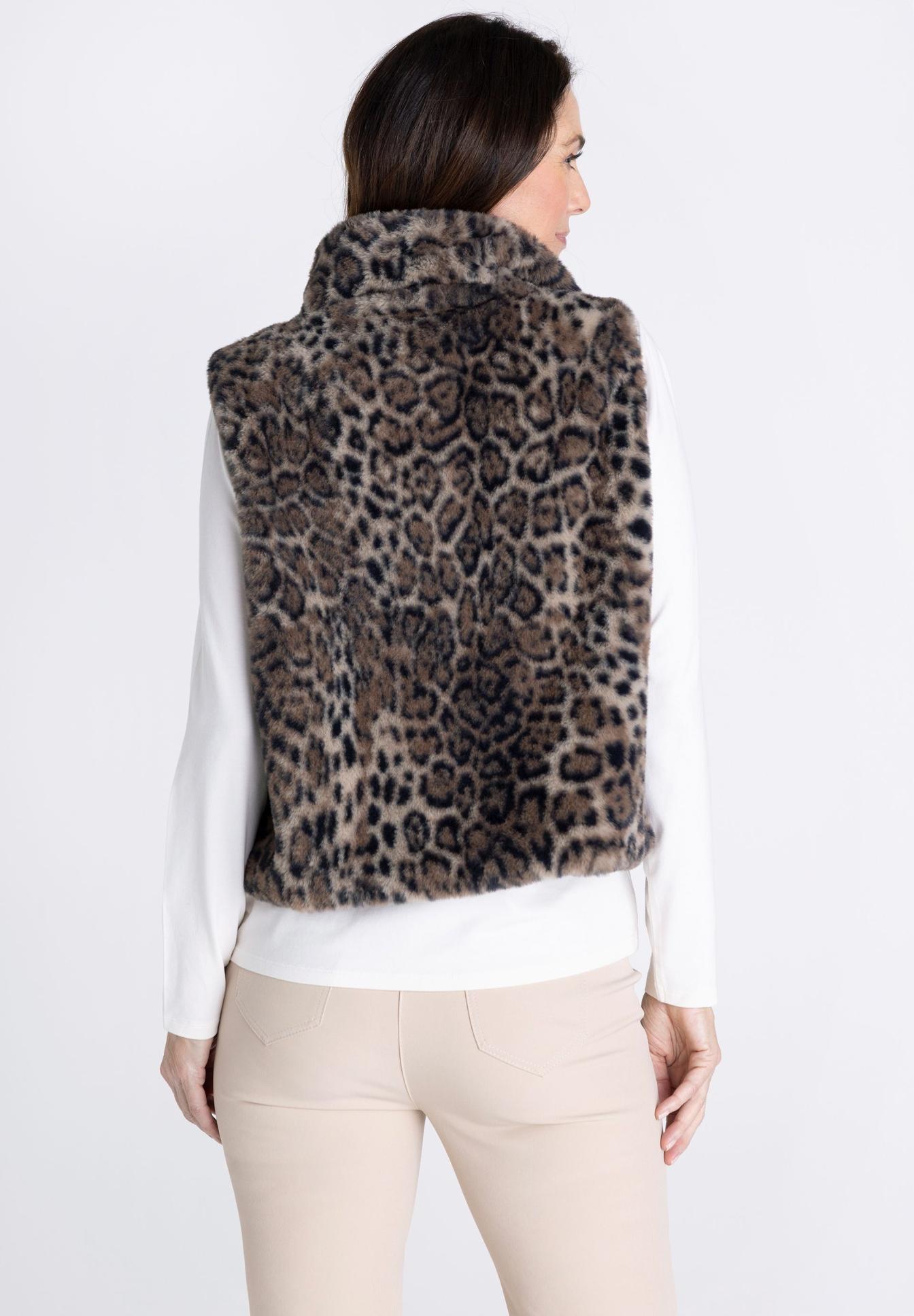 leopard print, faux fur, weste, sansärmlig, braun