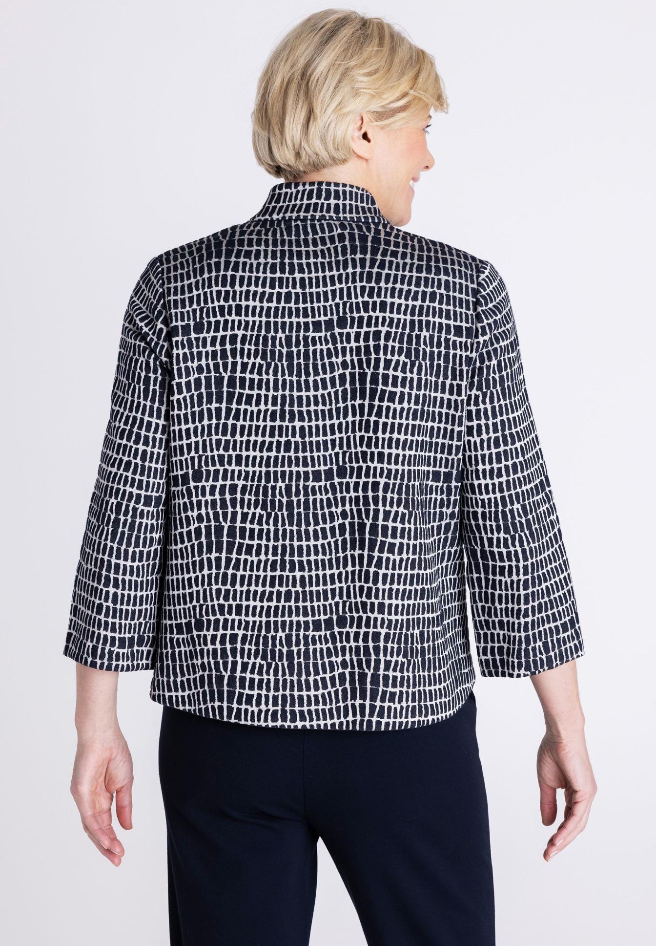 Jacke, Gemusterte Jacke, Strukturierter Stoff, Dreiviertelärmel, Dunkelblau, Blazer, Hemdjacke, Druck Muster, Gepunktetes Muster, Jacquard-Optik, Blazer, Strukturmuster, Hahnentrittmuster, Dreiviertel-Ärmel, Navy