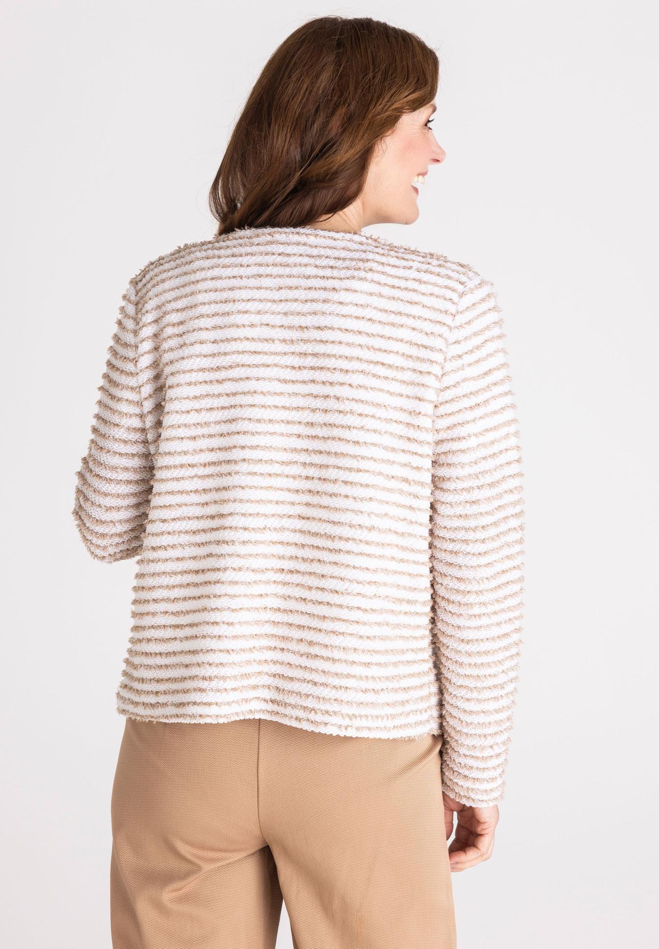 Strickjacke, Streifenstruktur, Beige Cardigan, Langarm, Weiches Gewebe, strickjacke, teddyfleece, gestreift, beige, langarm, strickjacke, flauschig, gestreift, beige, pullover-ärmel