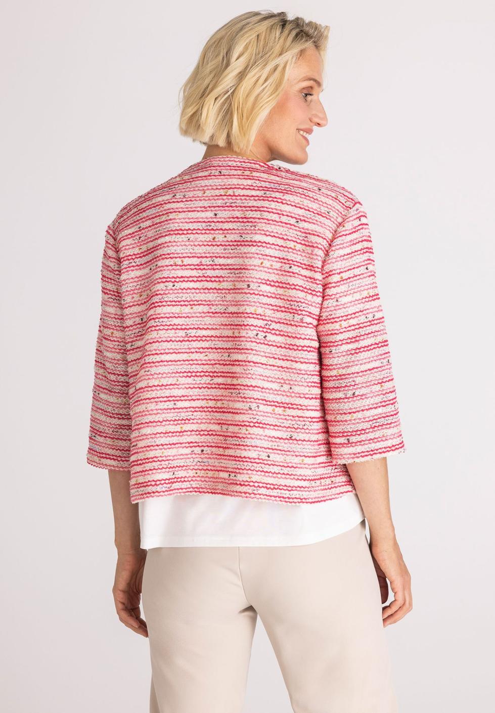 cardigan, pink, striped, knit, three-quarter-sleeve