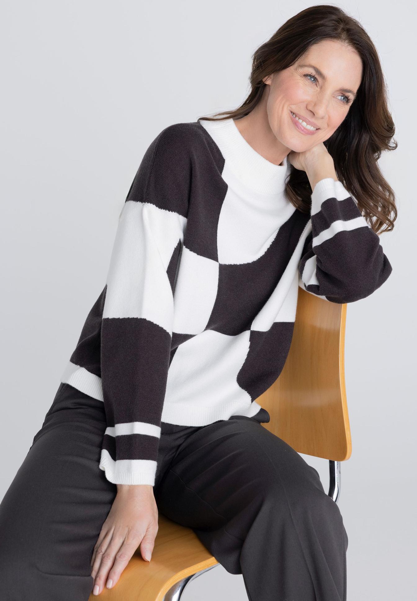 Strickpullover, SchwarzWeiß, Oversized, Raute Muster, Langarm