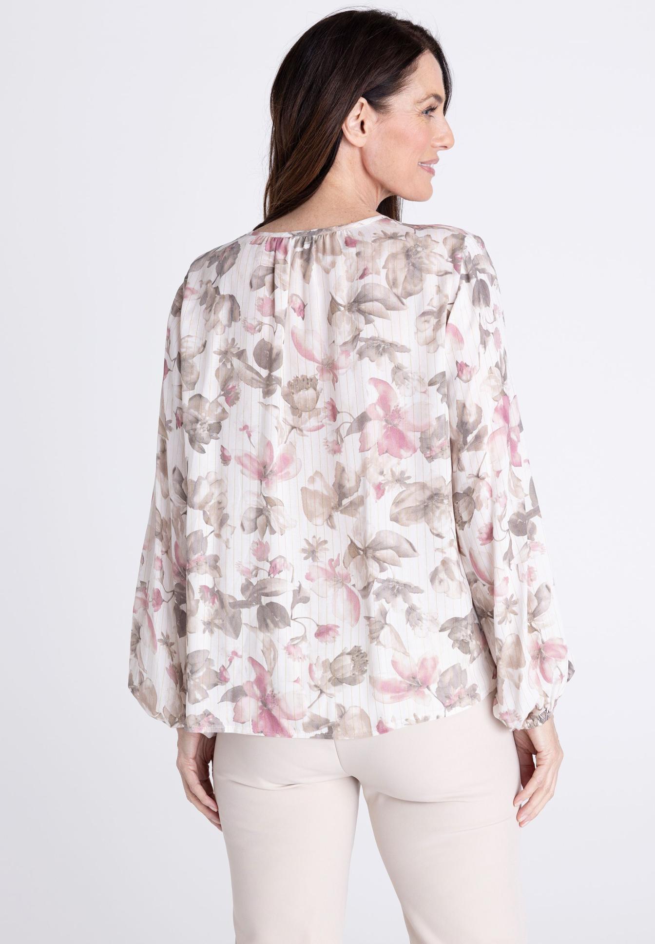 Bluse, Blütenmuster, Langarm, Veeschluss, Schlupfoptik, Bluse, Bloomendes Muster, Leichtes Material, Langarm, Rosé Beige