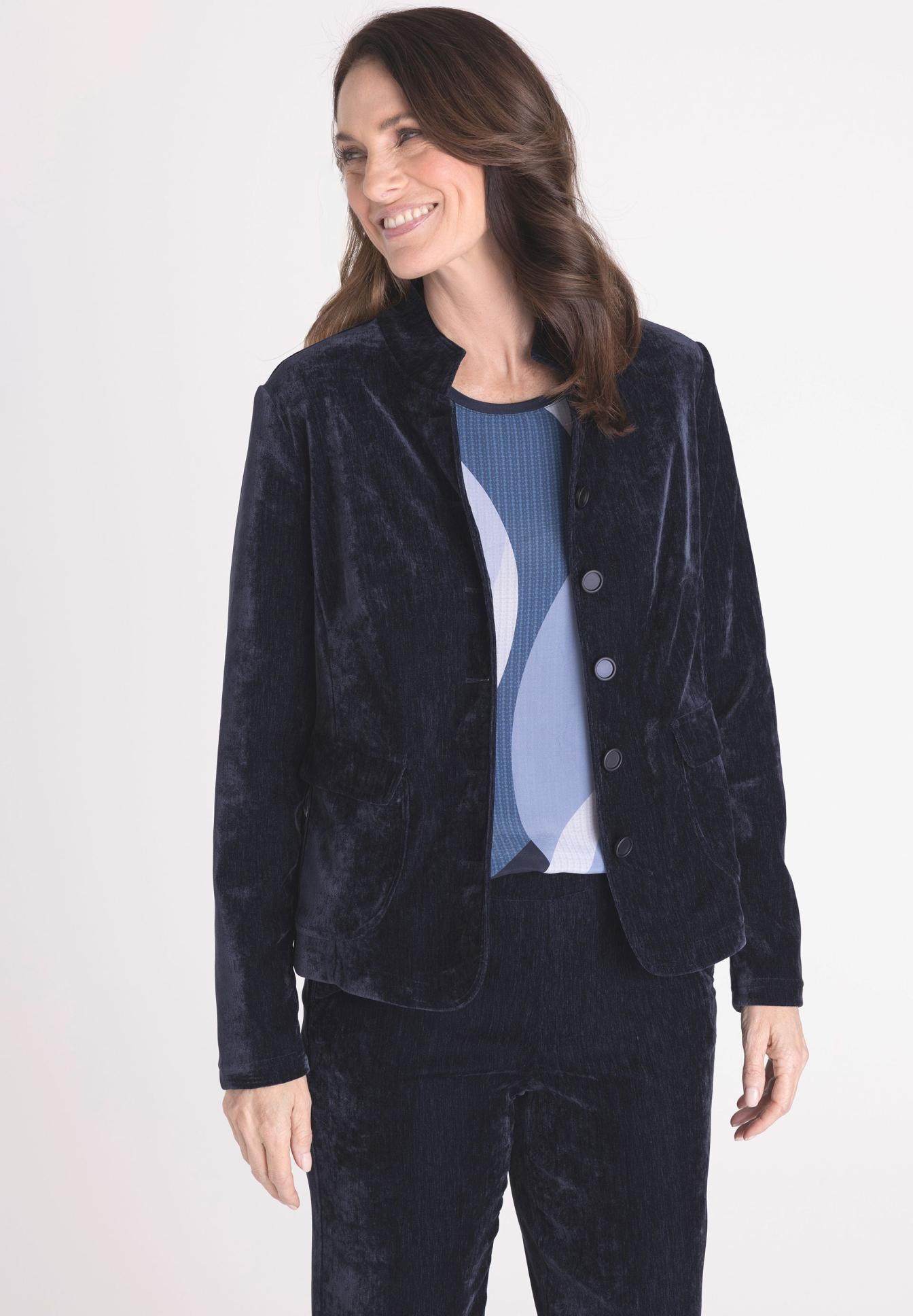 Velvetjacke, Navy Blazer, Knopfverschluss, Zweifarbiges Oberteil, Langarm, Velvet, Blazer, Dunkelblau, Sakko, Lounge-Set, Velvet-Blazer, Navy-Blazer, Samt-Optik, Knopffront, Damen-Anzug, Velvet, Blazer, Dunkelblau, Jacket, Anzugjacke