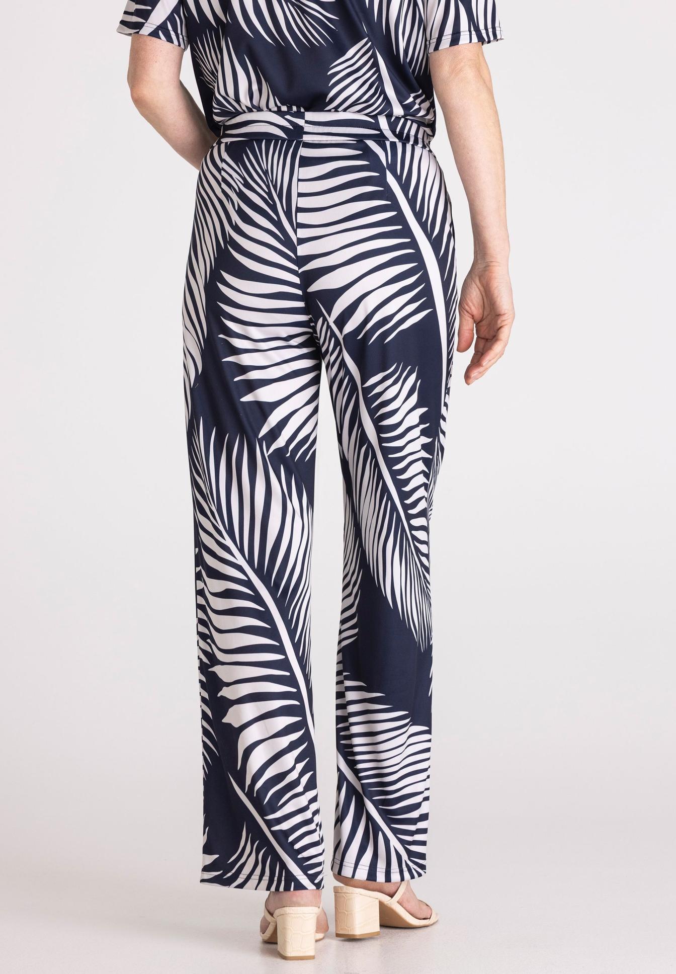 Hose, Palmblatt-Print, Navy, weite Beine, Elastischer Bund, Hose, Palme, Druck, Nachtblau, weite Beine, hosen, palme, dunkelblau, weiten, muster, Hose, Palmenprint, Fließend, Breitbein, Nachtblau-weiß, Hose, Hochwertig, Palmenmuster, Damen, Beinweite Long