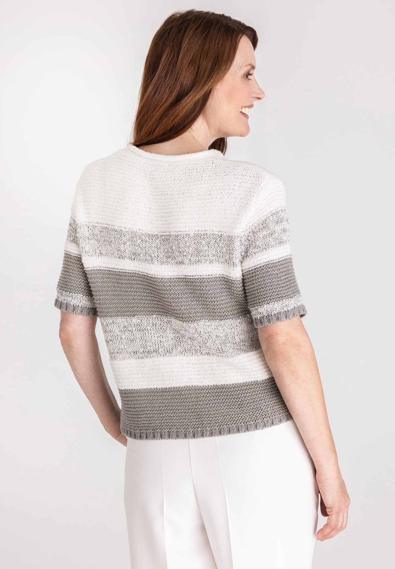 Strickpullover, Streifen, Kurzarm, Weißgrau, Kuscheloptik