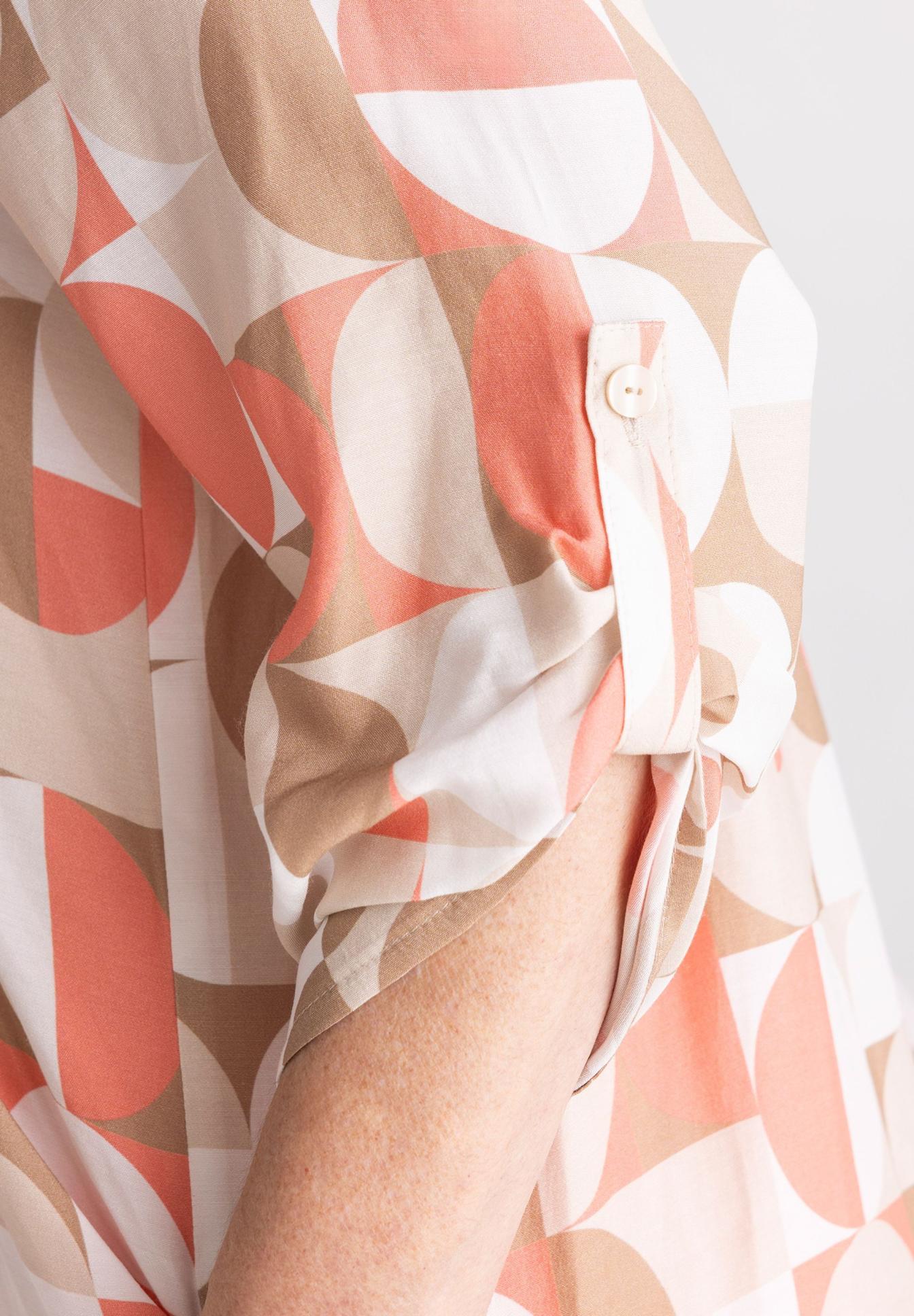 Geometrischer Muster, Sommerbluse, Kurzer Ärmel, Knopfleiste, Rosa-Beige, print, geometric, Hemd, Kurzärmlig, Knopfmanschette, Bluse, Geometrischer Druck, Kurzarm, Knöpfe, Stoffmuster