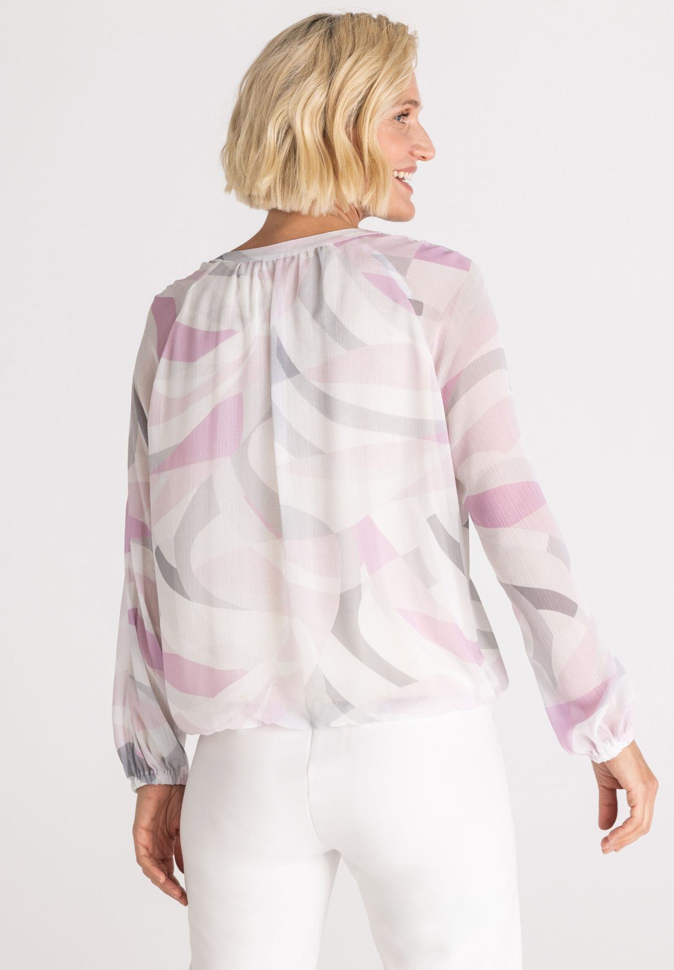 Bluse, Langarm, Muster in Pastell, Leichtes Gewebe, Weichfallende Passform, bluse, langarm, melierte farben, geometrisches muster, transparente oberfläche, Bluse, Sommerbluse, Langarm, Pastell, Muster, bluse, oberteil, transparent, pastell, muster