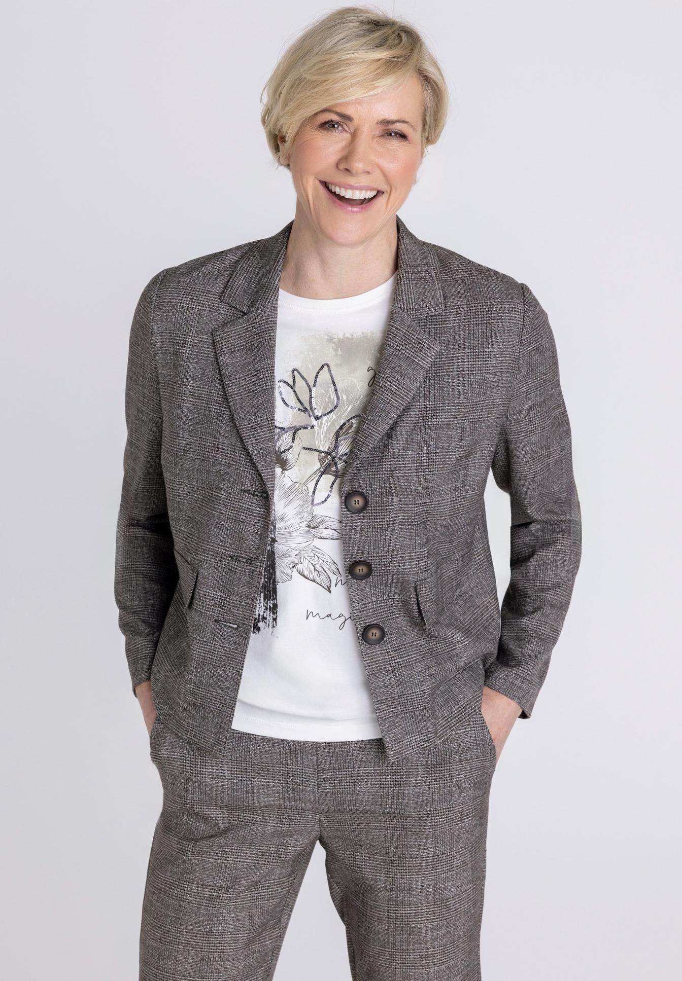blazer, pantalon, anzug, grau, kariert, Anzug, Blazer, Hose, Graues Karomuster, Seitentaschen, blazer, plaid, pantsuit, grå, buttoned-jacket