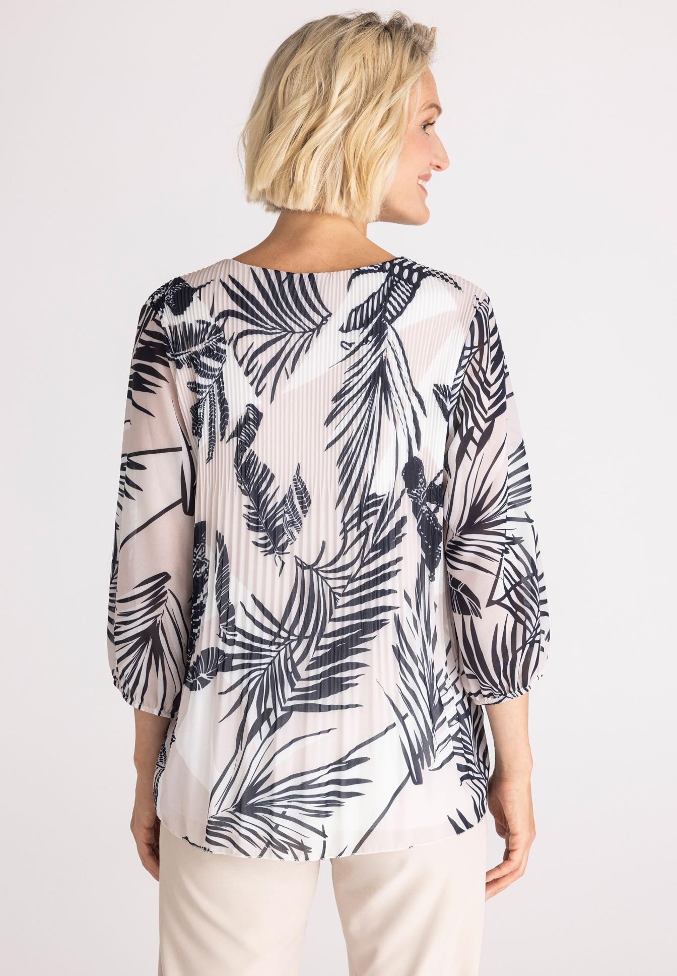 Bluse, Bedruckt, Pflanzenmuster, Blumenmuster, Halslinie: Rund, Bluse, Paved-Bluse, Palmblatt-Print, Drucktop, Weiß-schwarz, Bluse, Pflanzenprint, Palme, Ruhiger Schnitt, Druck, Bluse, Pflanzenmuster, Longsleeve, Plissee, Transparente Bluse