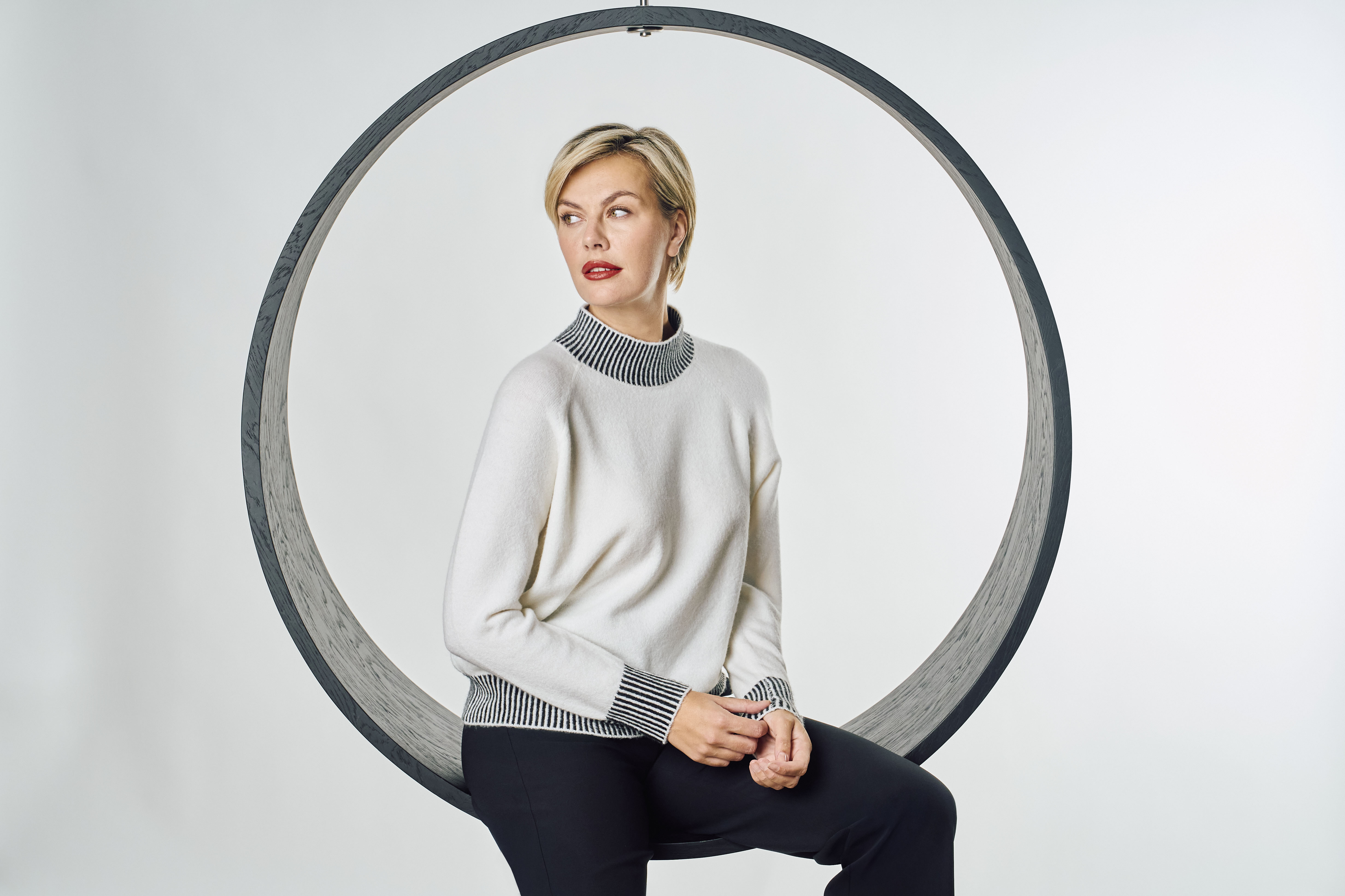 Pullover, Stehkragen, Cremeweiß, Strick, Gestreifte Bündchen