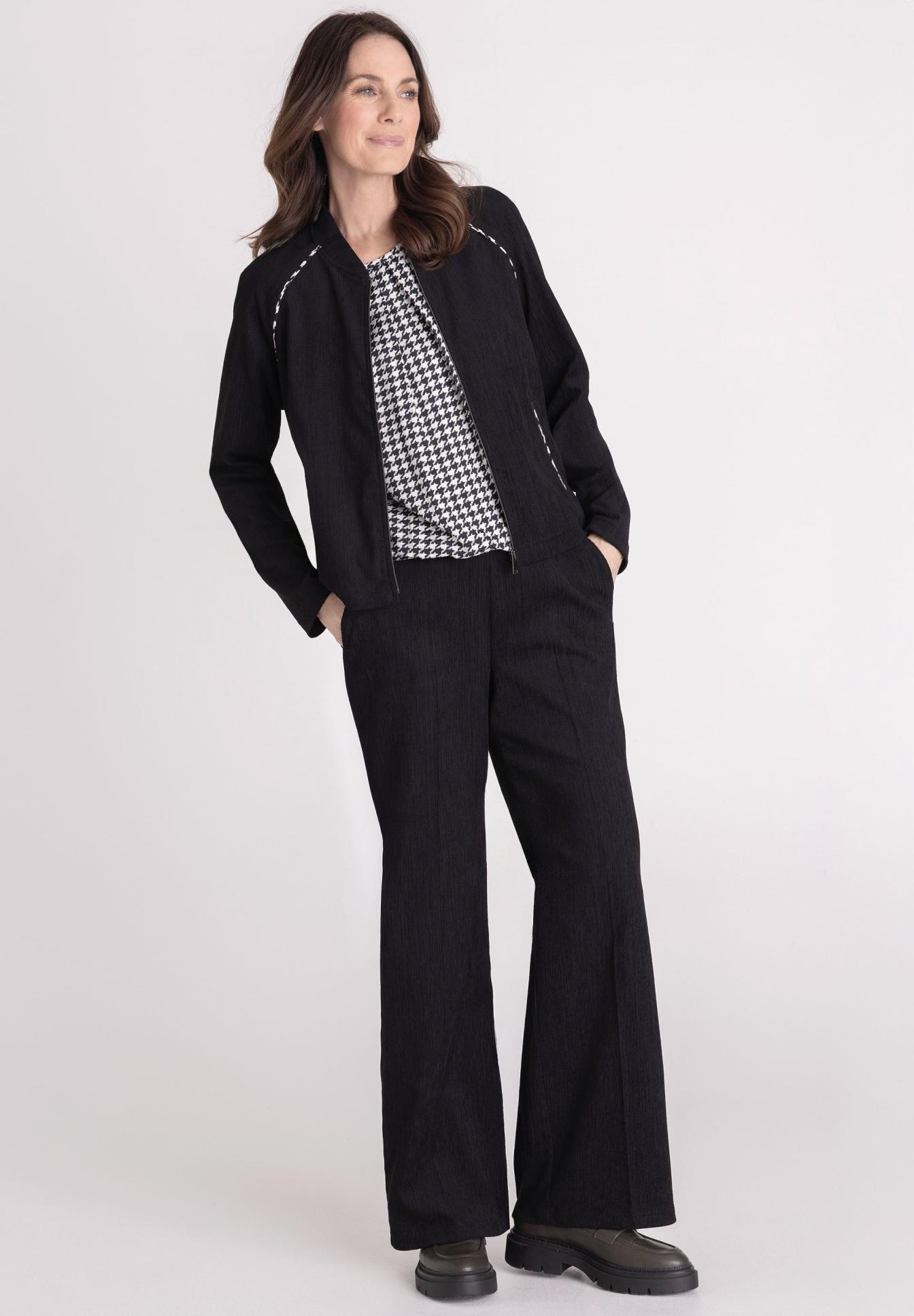 Schwarze Jacke, Schwarze Hose, Hahnentrittmuster, Zweiteiler, Weit geschnitten