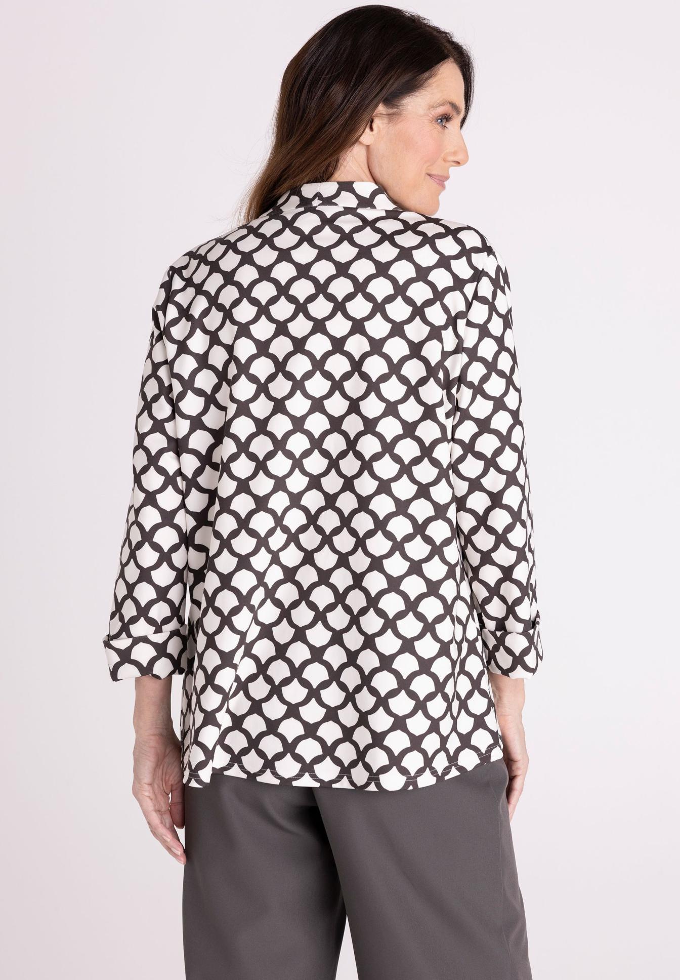 Bluse, Print, Geometrisch, langenarm, Back, Bluse, Schwarz-Weiß Muster, Langarm, Hemdbluse, geometrisches Muster, Musterhemd, Geometrisches Muster, Langarmshirt, Kragenloses Muster, Schwarz Weiß, Bluse, Geometrischer Muster, Langarm, Weiß, Schwarz