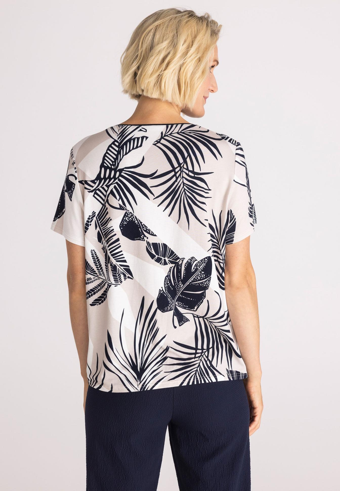 Haut, Bluse, Tropischer Print, Kurzarm, Beiger Hintergrund, Kurzarmshirt, Hemdshirt, Blätterprint, Hohes Kontrastmuster, Beiger Hintergrund, Hemdshirt, Kurzarm, Pflanzenmuster, Blätterdruck, Beige Schwarz, Hemd, Palmenmuster, Kurzarm, Beige-weiß, Druck