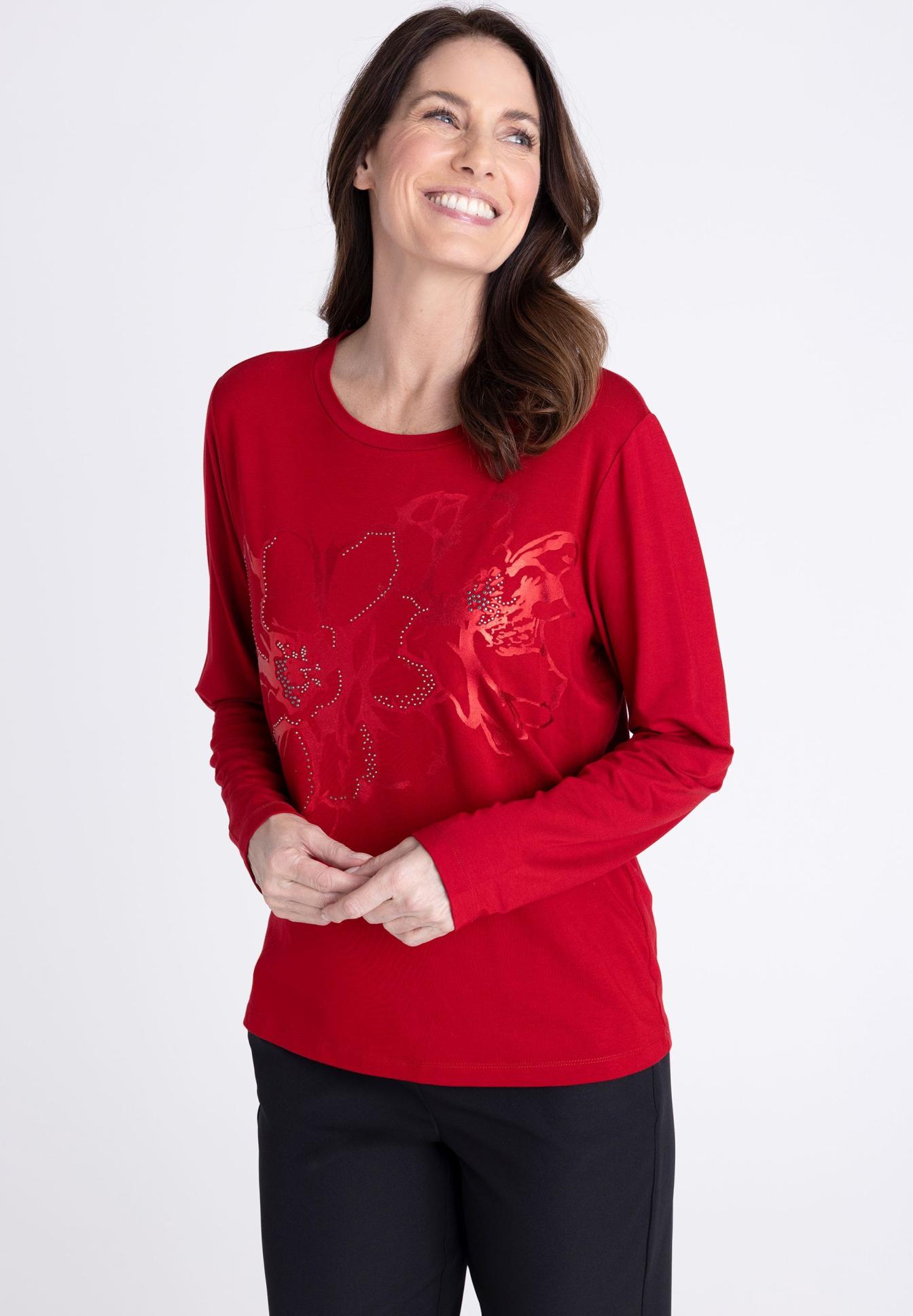 Shirt mit floralem Frontprint und Ziersteinen - Produktbild 1