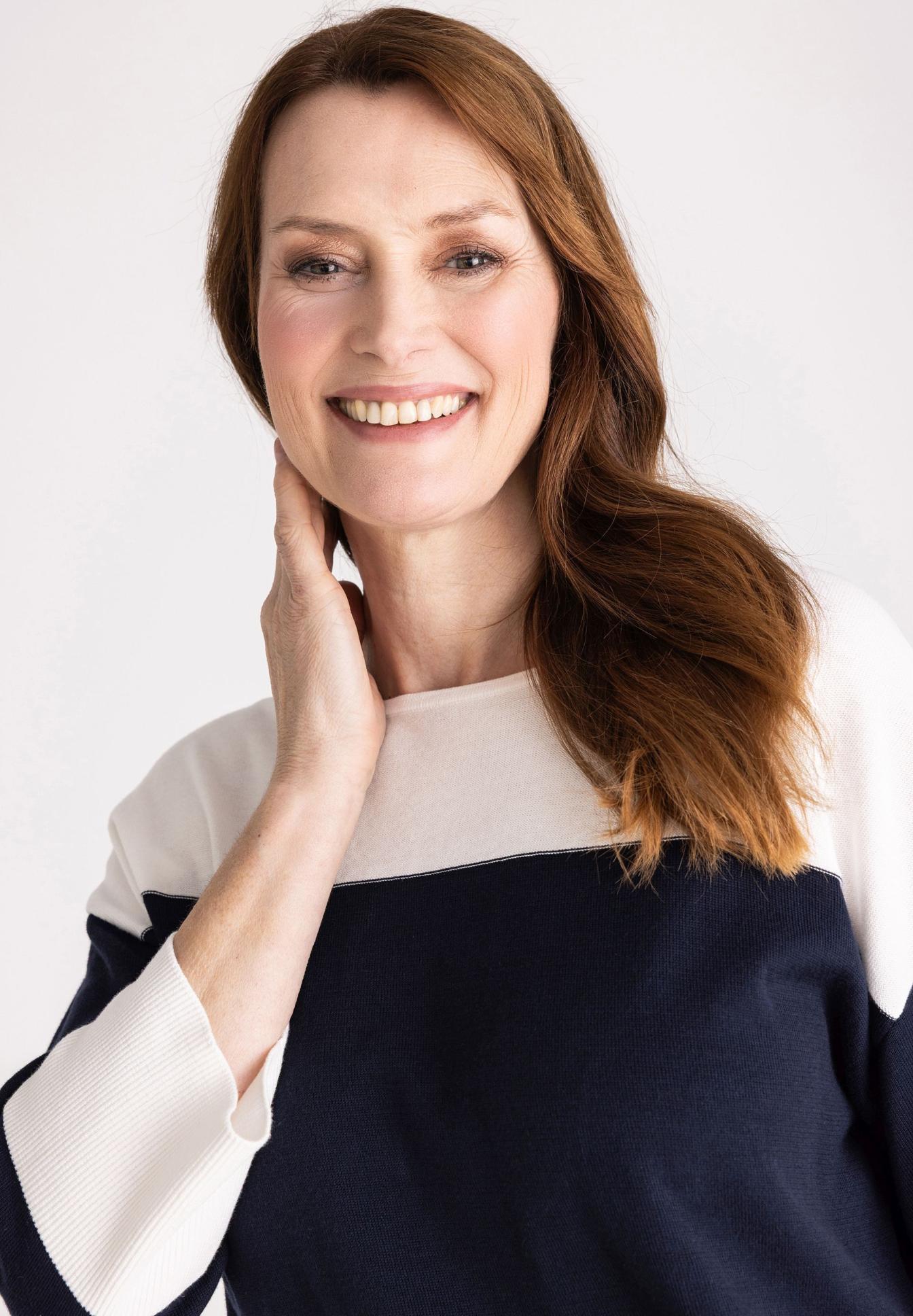 Damenpullover, Sweatshirt, Streifen, Weiß/Nachtblau, Langarm