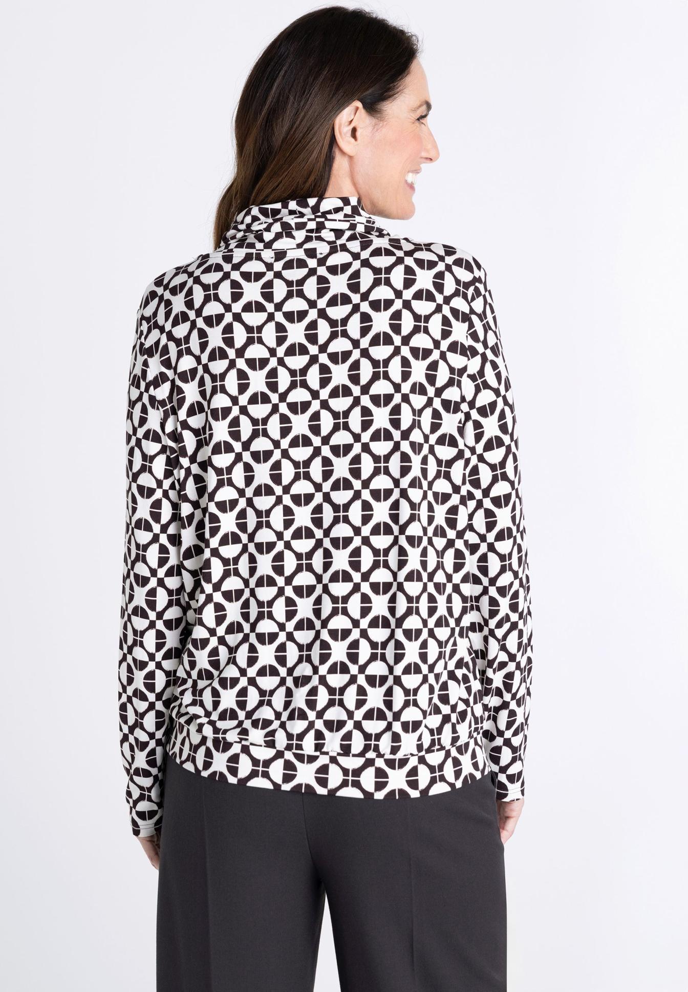 musterbluse, geometrischer print, lange ärmel, kragen, schwarz-weiß