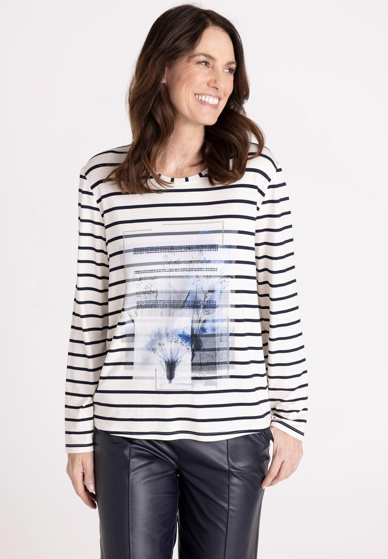 langarm, Bunte Drucktop, Streifenmuster, Longsleeve, Pullover, Langarmshirt, Streifen, Grafikdruck, Dünne Baumwollmischung, Weiß-schwarz, Langarmshirt, Streifen, Print, Damen, Oberteil, Langarmshirt, Streifen, Pflanzenmotiv, Weiß, Bartenoptik