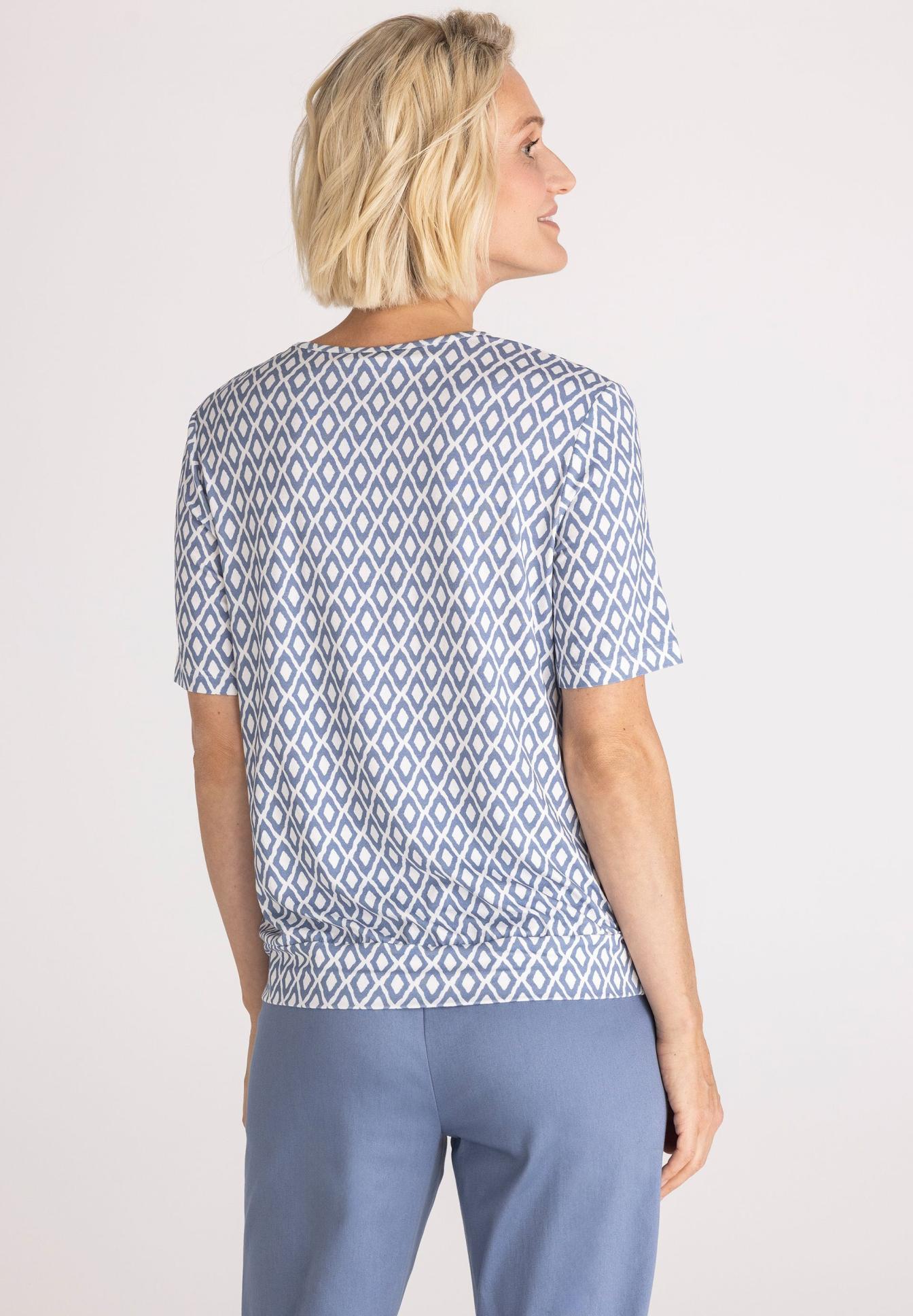 Bluse, Muster, Kurze Ärmel, Weiß-Blau, Geometrisch
