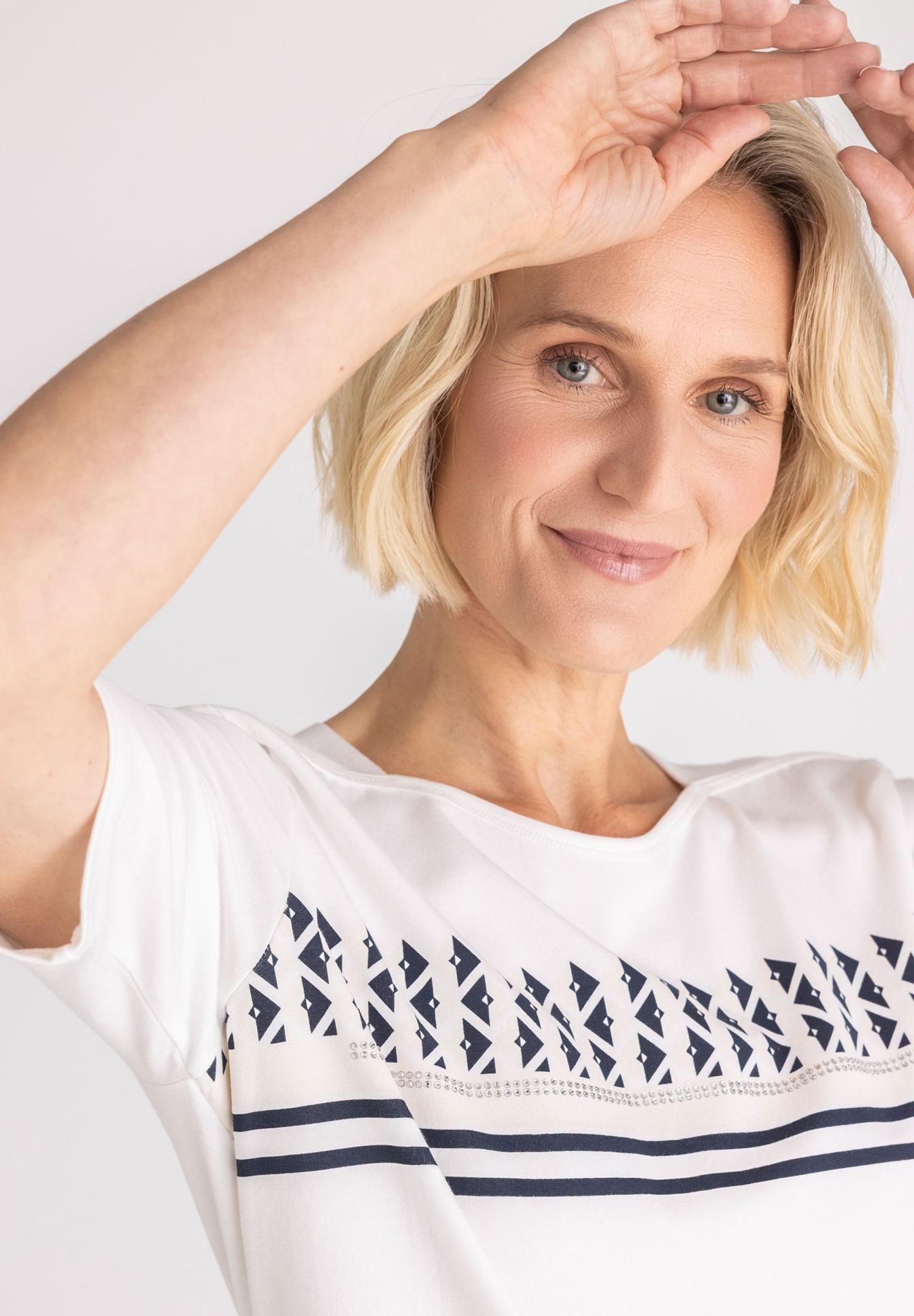 T-Shirt, Weiß, Print, Streifen, Kurze Ärmel, bluse, t-shirt, weiß, geometrischer print, kurze ärmel, T-Shirt, weiß, Navy Muster, geometrisches Muster, Kurzarm, Damenshirt, T-Shirt, Weiß, geometrisches Muster, Kurzarm