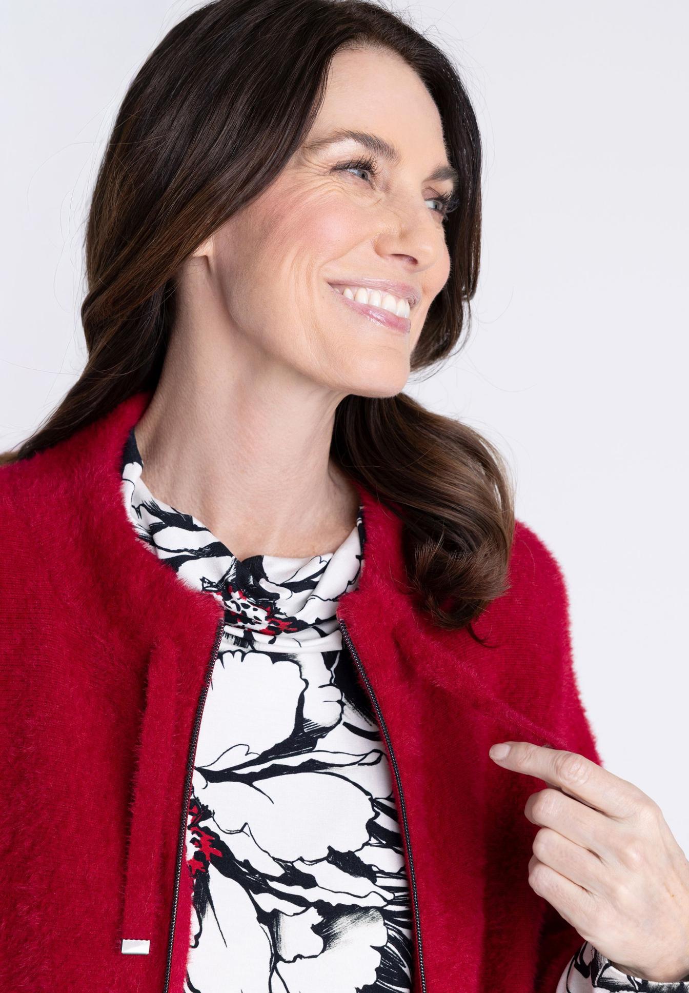 Jacke, Rot, Flauschige Oberfläche, Reißverschluss, Blumenmuster