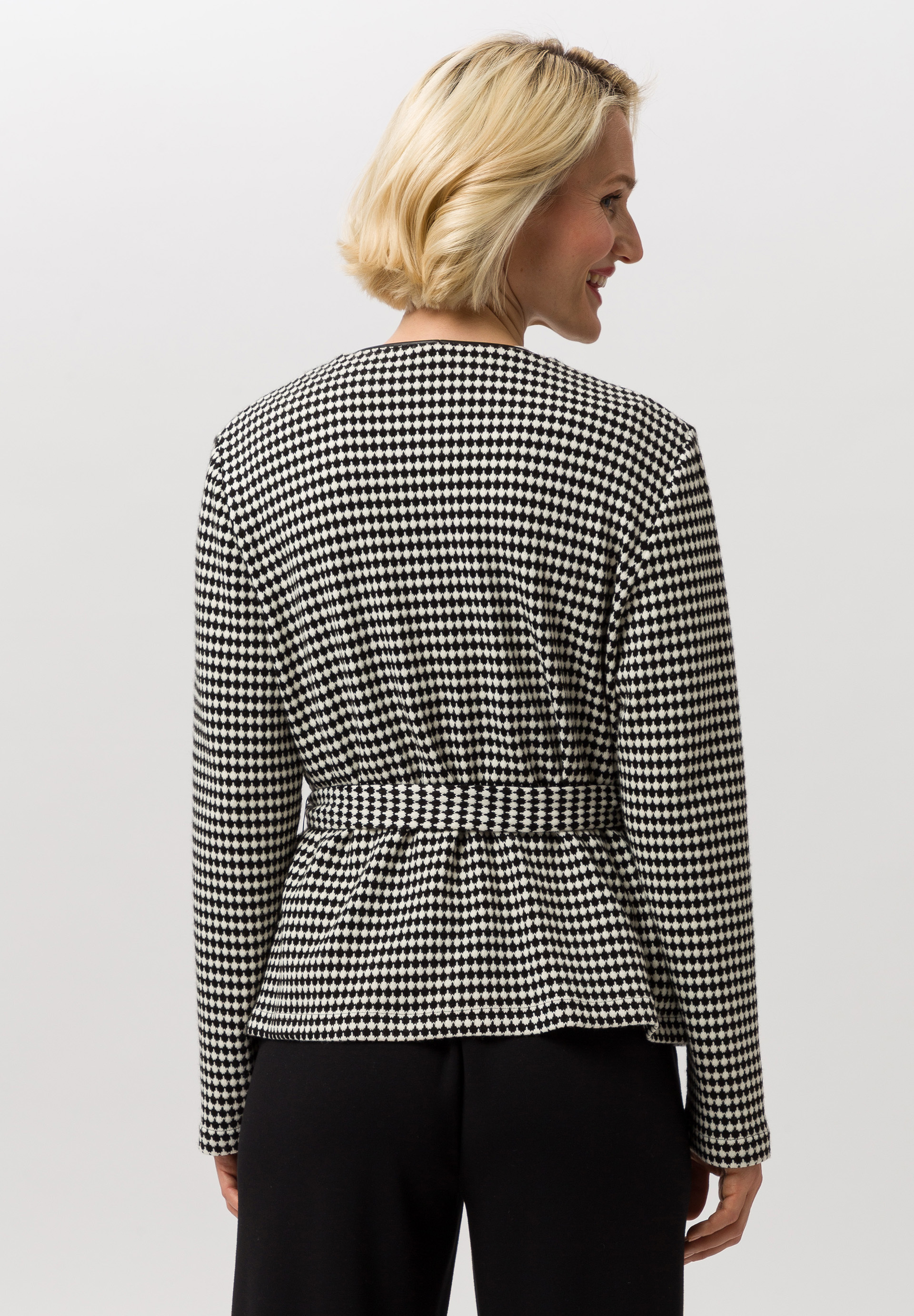 Knitted blazer with contrasting piping and tie belt - Bild 2 Bluse, Mantel, Langarm, Pullover, Formelle Kleidung, Bluse, Mantel, Langarm, Pullover, Formelle Kleidung, Bluse, Mantel, Langarm, Pullover, Formelle Kleidung, Bluse, Mantel, Langarm, Pullover, Formelle Kleidung