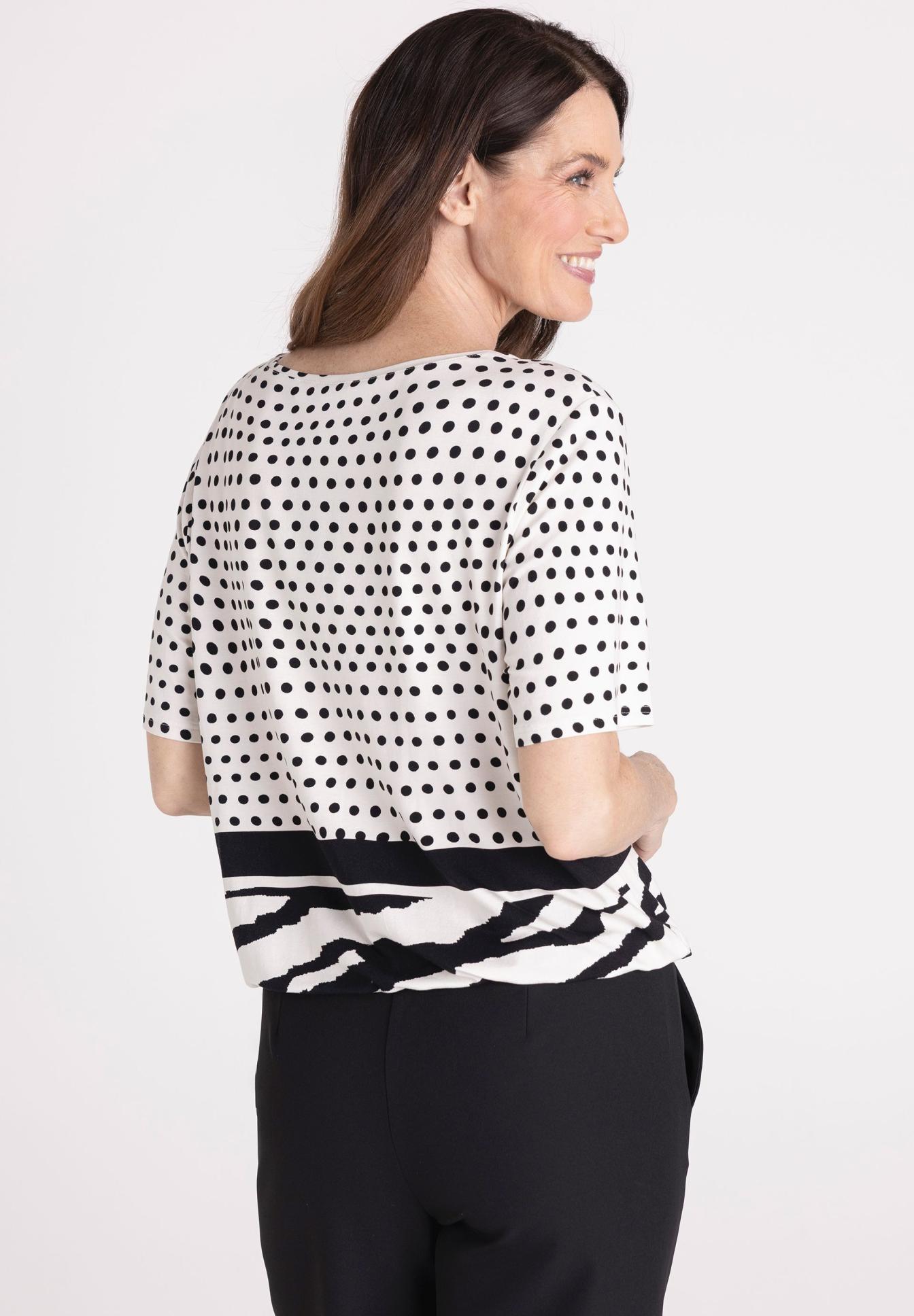 Polka dot top, Short sleeve, White black, Pattern top, Knit blouse