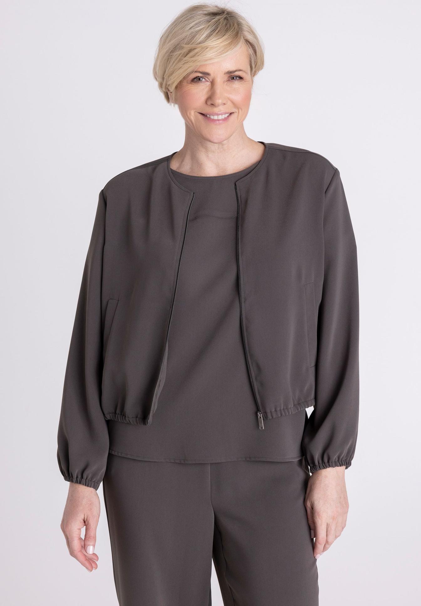 jacke, reissverschluss, langärmlig, grau, lose Passform, jacke, bluse, grau, karette?, elegant, jacke, bluse, langeärmlig, grau, uni-farbe