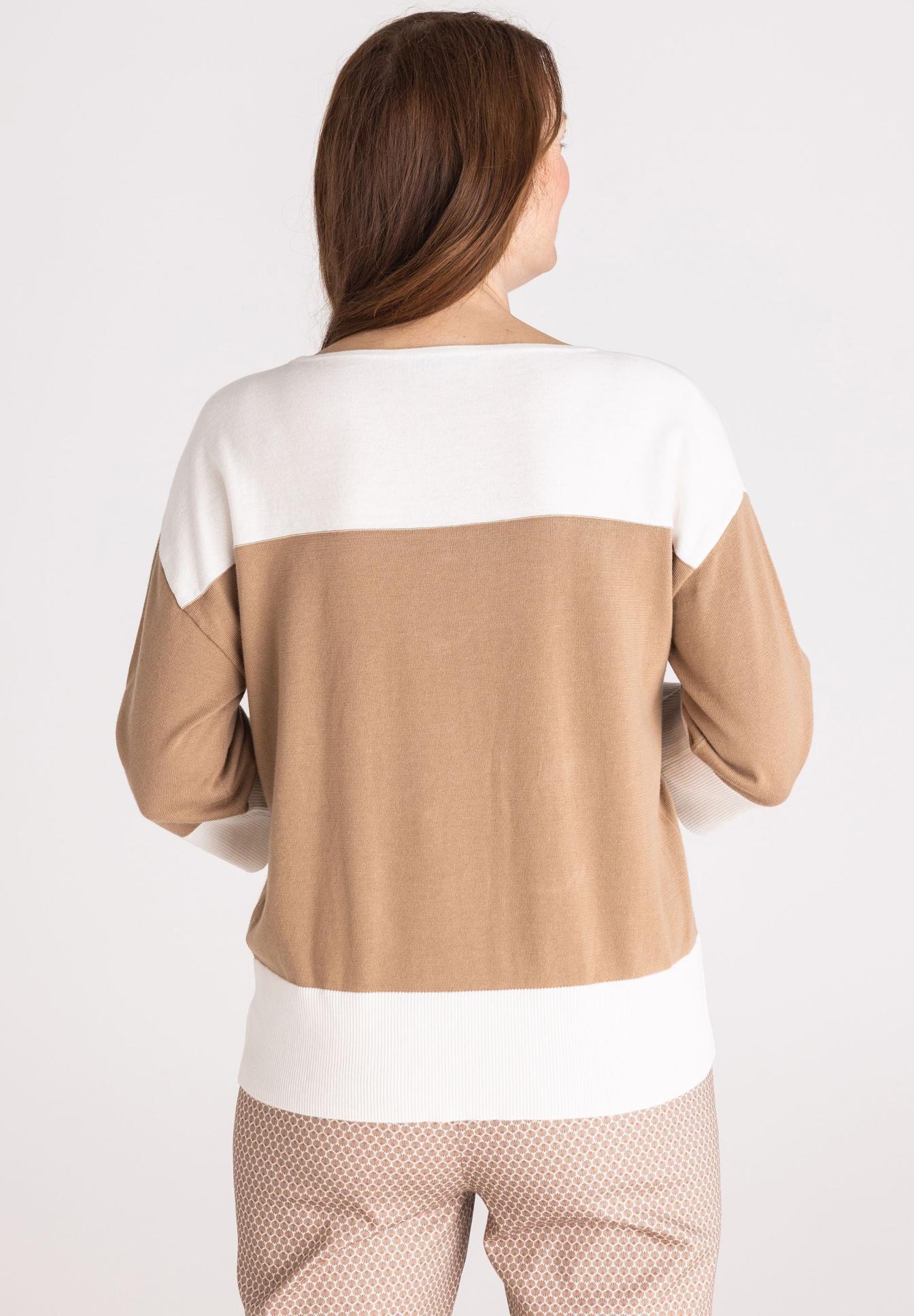 Pullover, Colorblock, Langarm, Weiß-Beige, Kuschelig