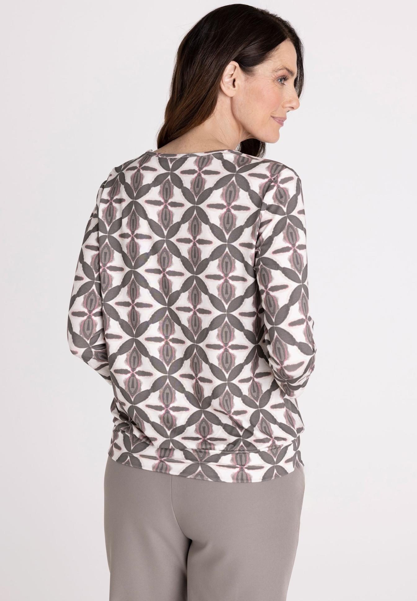Bluse, Langarm, Muster, Kreis-/Blütenmuster, grau-weiß, Bluse, Muster, Rundhalsausschnitt, Langarm, Kleidungsstück