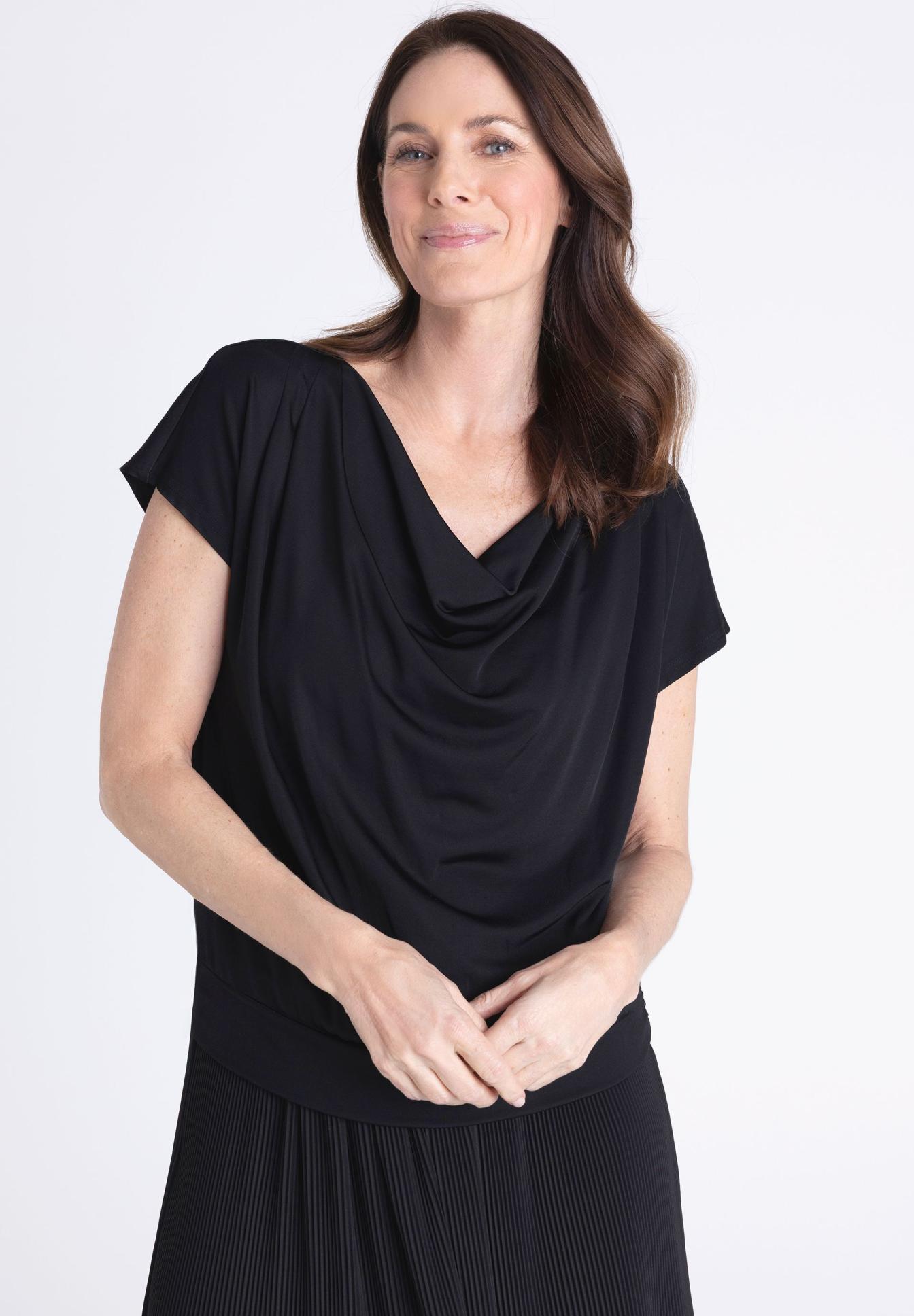 Damenoberteil, Draped-Top, Kurzarm, Navy, Baumwoll- oder Polyester-Blend, Draped top, Kurzarm, Navy Blau, Soft fabric, Kragenloses Tuchtop