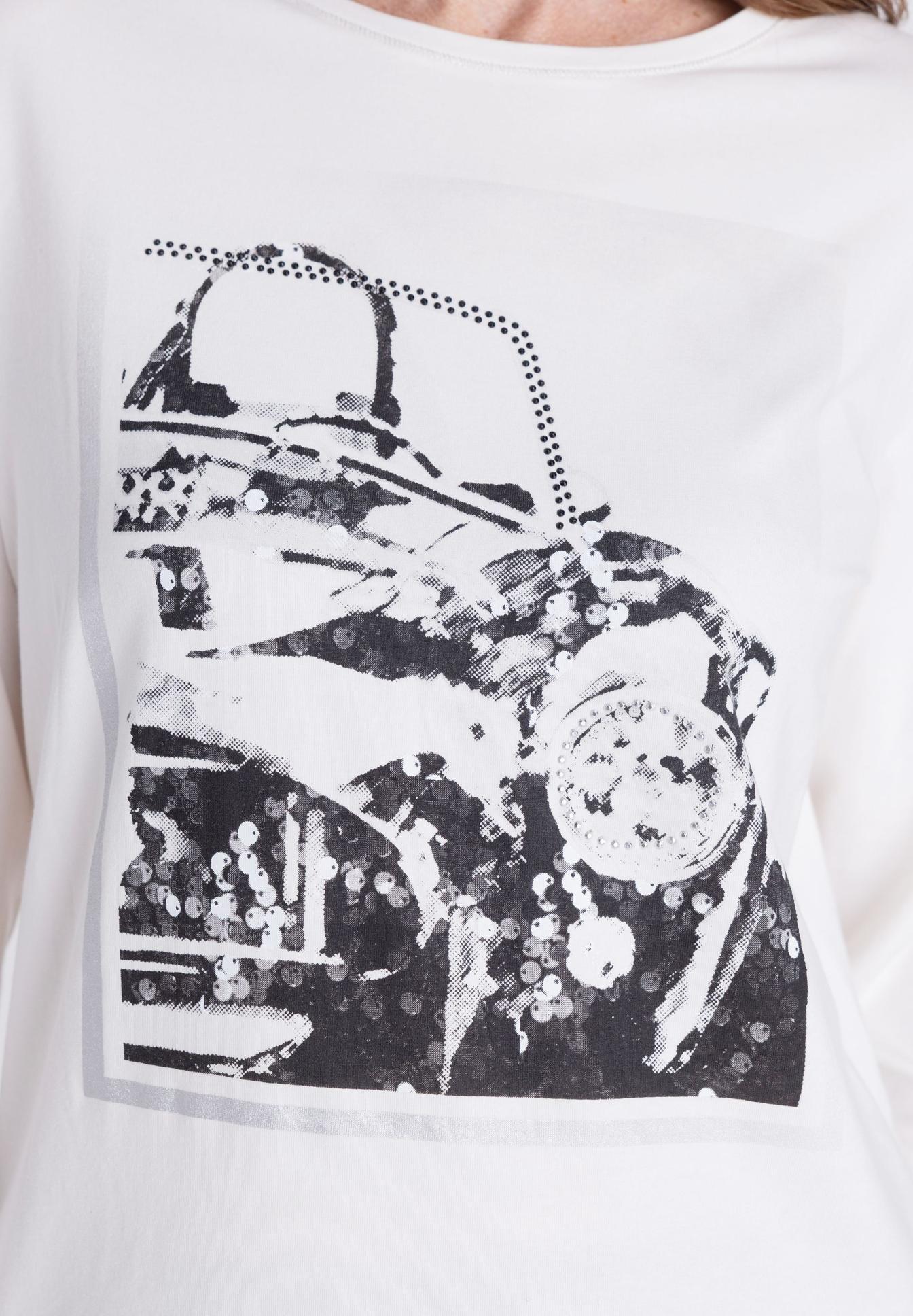 weißes T-Shirt, Rundhalsausschnitt, schwarzer Druck, Pailletten, Motivprint