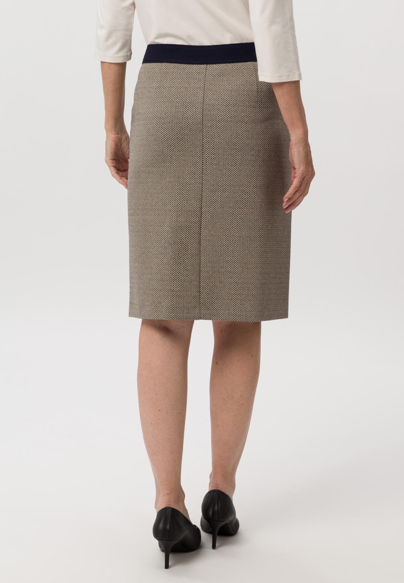 Rock, Knieumspiel, Twill, Kompakt, Beige, Knie-Länge Rock, Bleistiftrock, gemustertes Gewebe, elastischer Bund, Midi-Länge, rock, nahtal, knie lengt, gemustert, kontrastbund