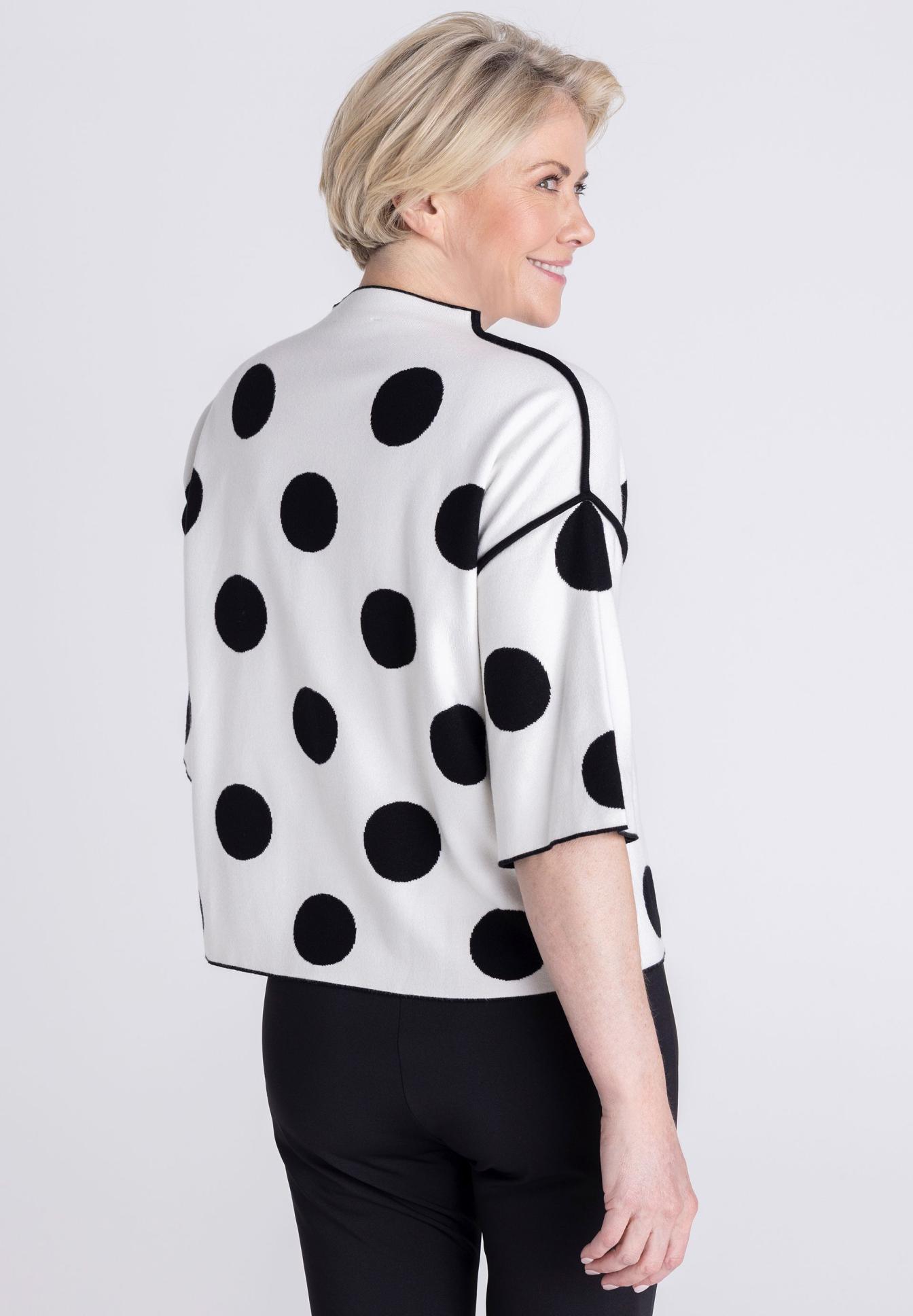 Polka dot, Bluse, Kurzarm, Weiß, Schwarz, Polka dot, Weißes Oberteil, Schwarze Punkte, Kurzarm, Kurzes Cardigan
