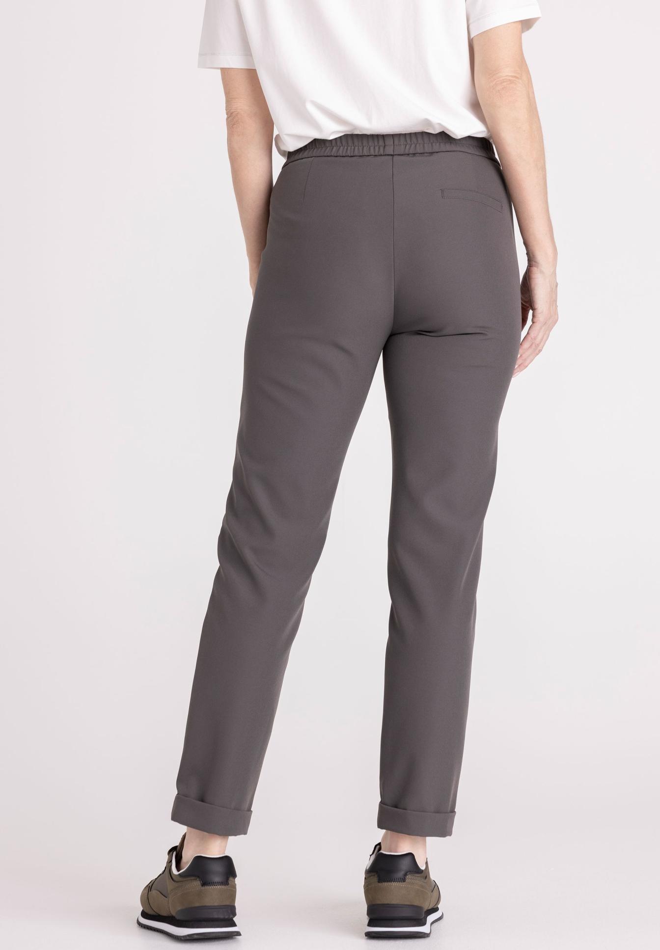 hosen, hosen, hose, knöchellänge, rückenansicht, hose, hosen, grau, knopfleck, elastischer-taillenbund