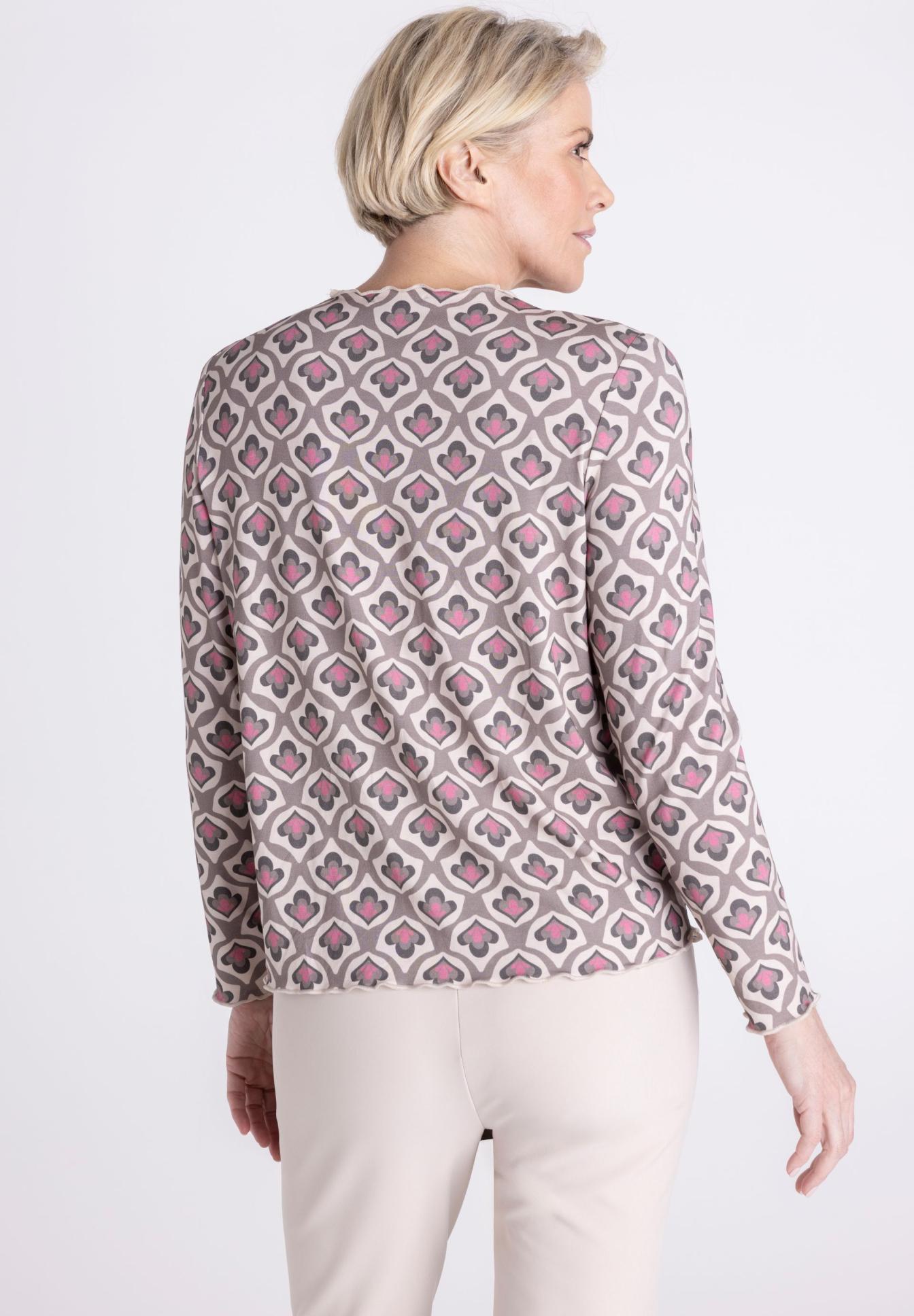 Bluse, Langarm, Geometrisches Muster, Rosa Grau, Kragenlos, Bluse, Plausible Muster, Herztapete, Langarm, Damenschnitt