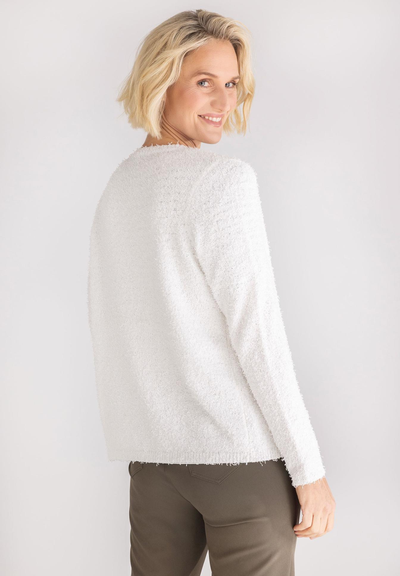 weißer Pullover, Bouclé-Strick, Oversized, Langarm, lässig, weißer strukturierter Pullover, flauschiges Strick, lange Ärmel, Rundhals, Damenpullover, weißes jacke, flauschig, strick, langarm, damenkleidung