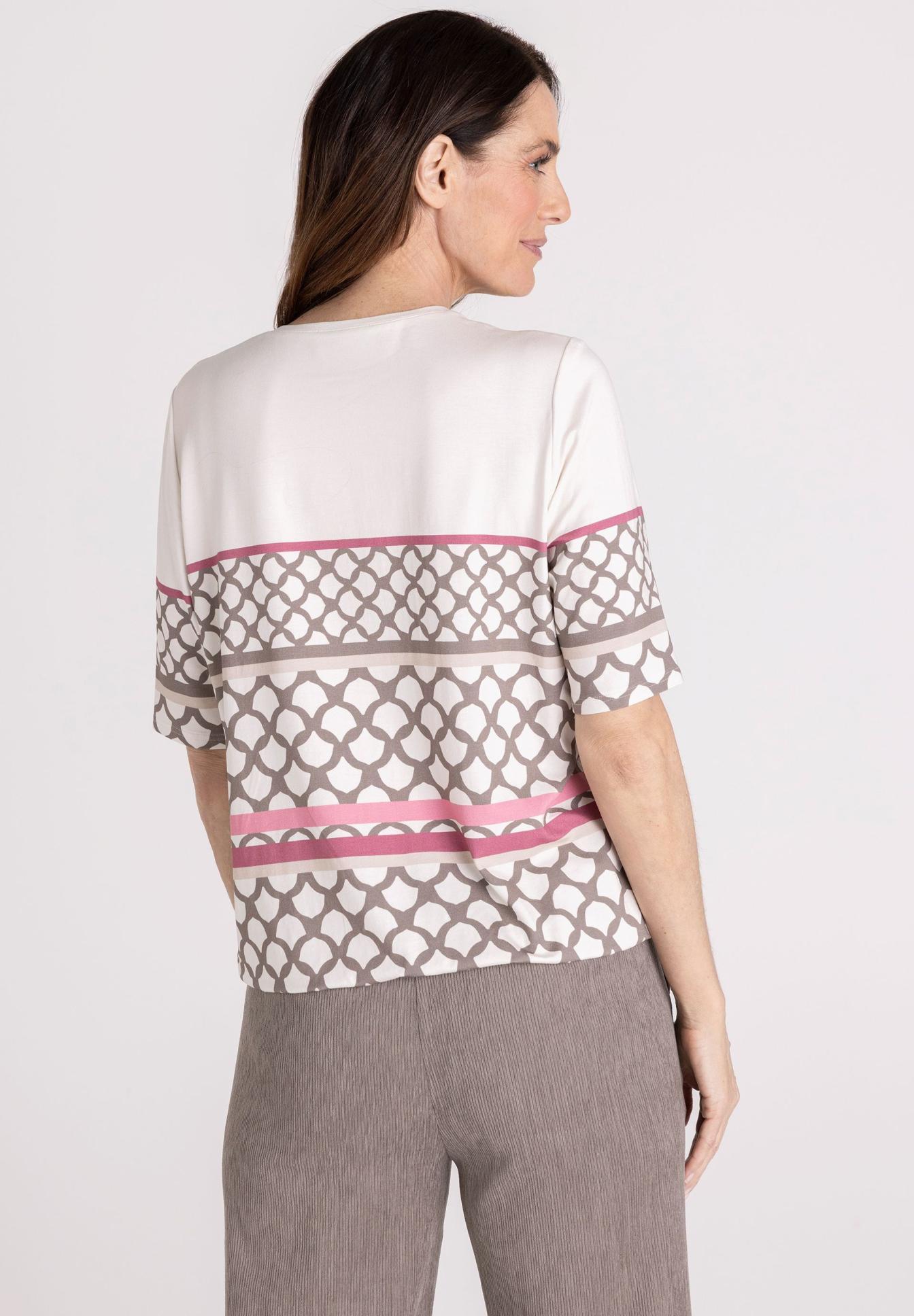 Top, Bluse, Muster, Kirschfarben, Seitliche Musterbanden, Kurzarmshirt, Geometrischer Muster, Weiß, Rosa Akzente, Gewebe ohne Muster