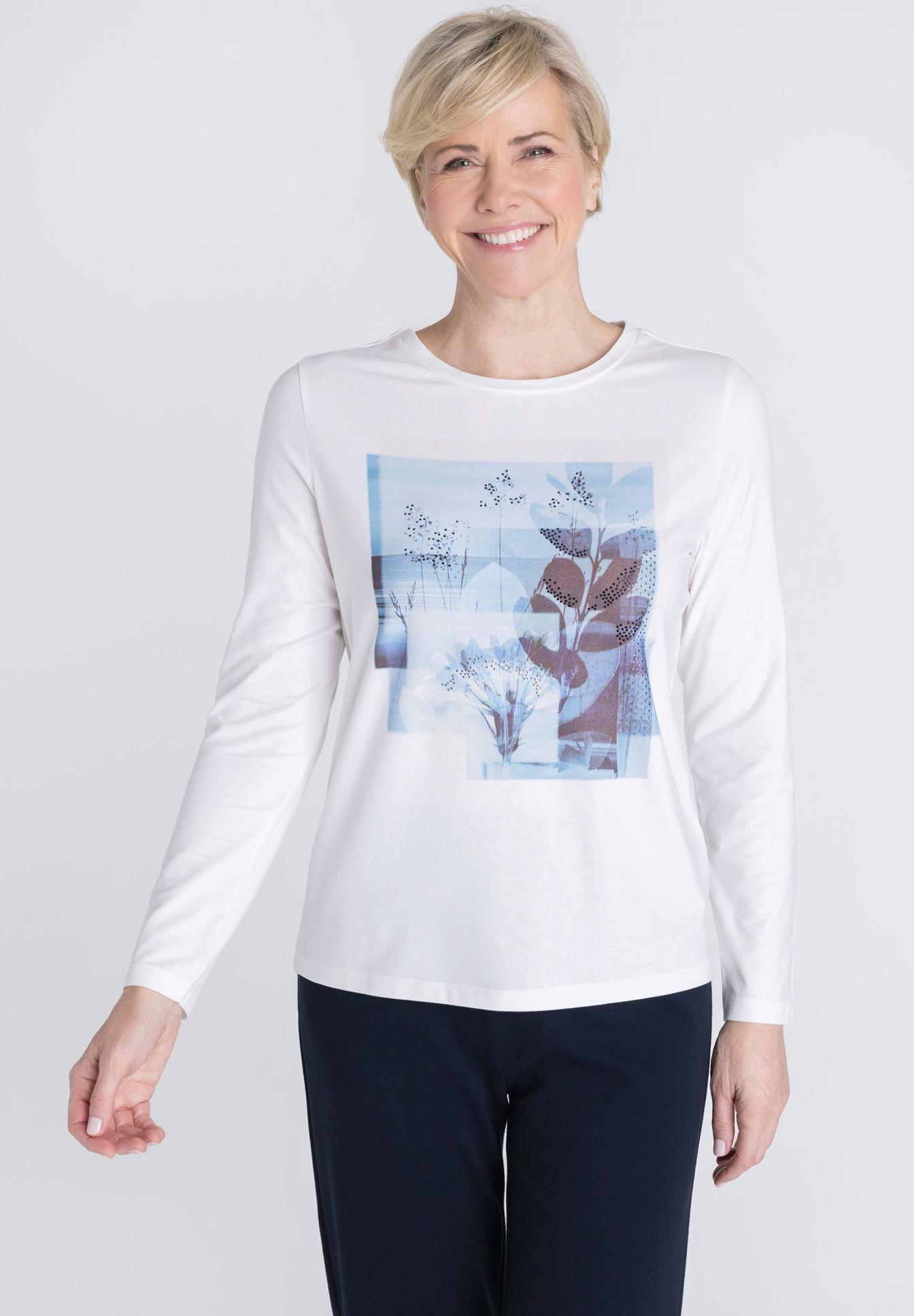 Langarmshirt, Weiß, Print, Blumenmuster, Rundhalsausschnitt, Langarmshirt, Weiß, Druck, Blumenmuster, Kleidung, white langarmshirt, grafikdruck, baumwolle, blaues muster, casualoberteil